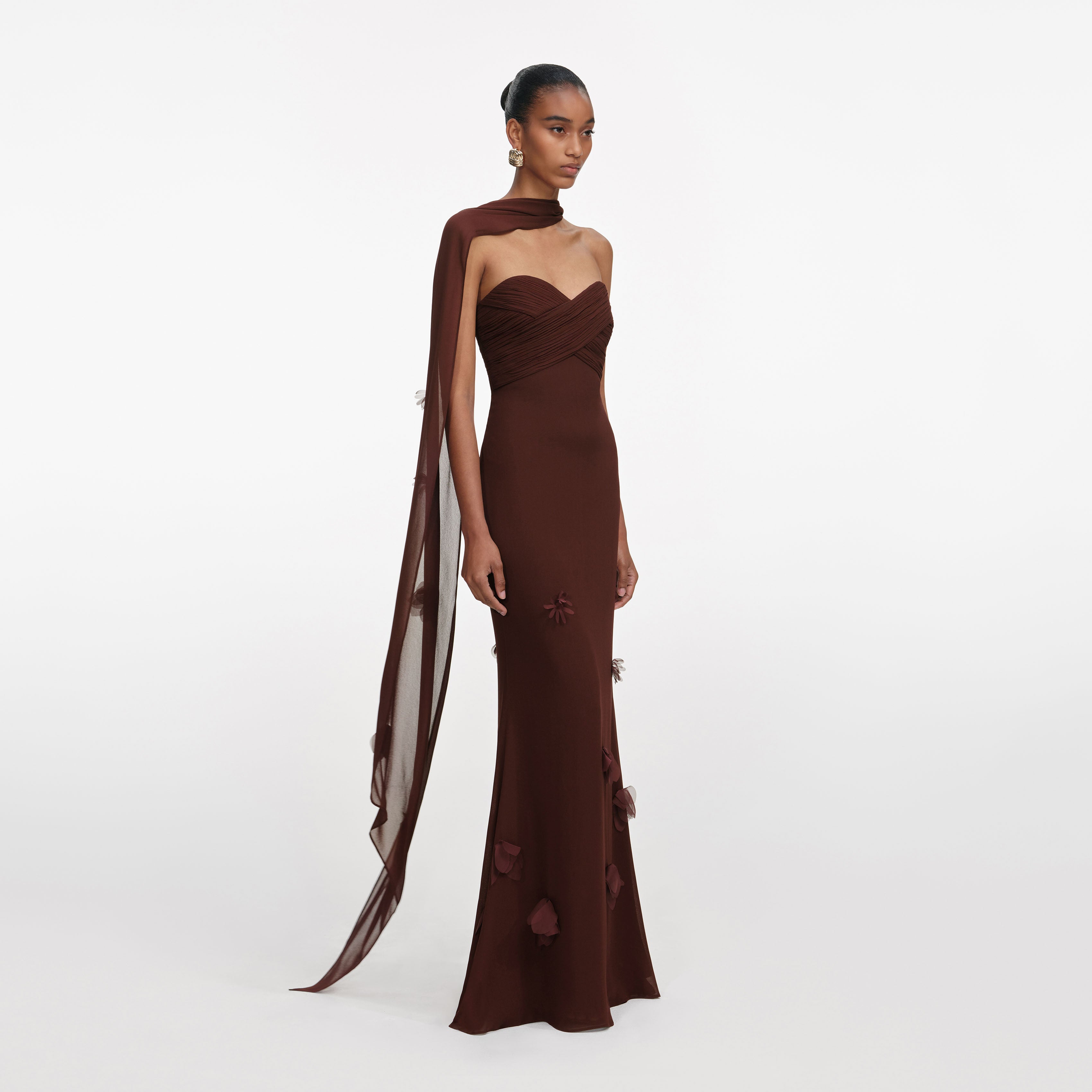 Brown Georgette Flower Maxi Dress