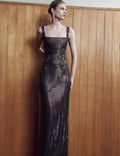 Gunmetal Square Neck Rhinestone Maxi Dress