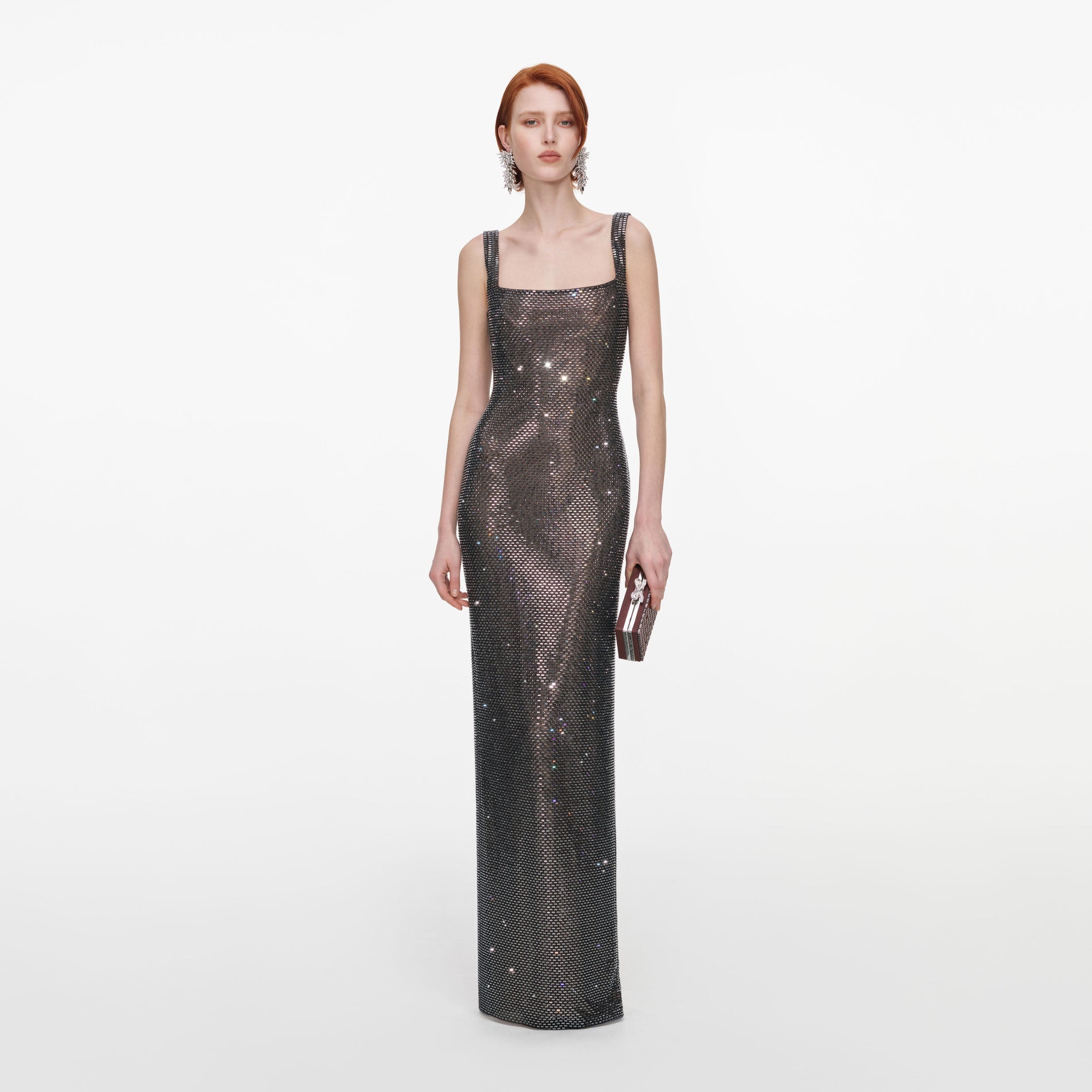 Front view of a woman wearing the Gunmetal Square Neck Rhinestone Maxi Dress