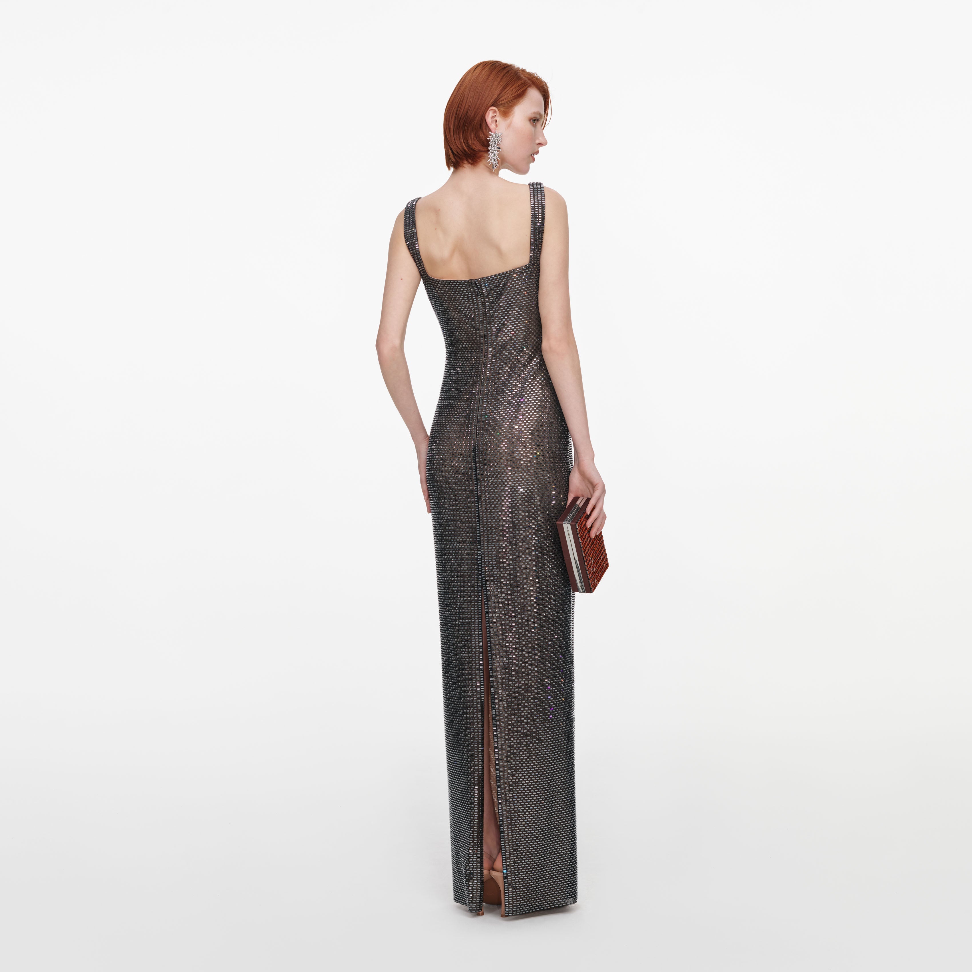 Gunmetal Square Neck Rhinestone Maxi Dress