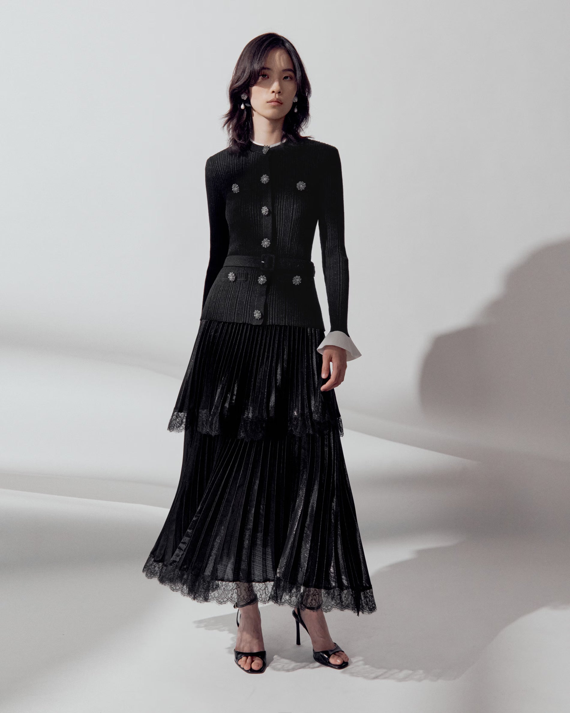 Black Knit Metallic Chiffon Midi Dress