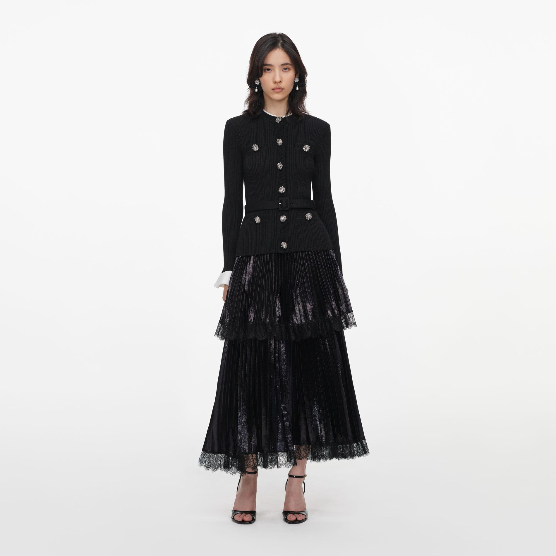 Front view of a woman wearing the Black Knit Metallic Chiffon Midi Dress