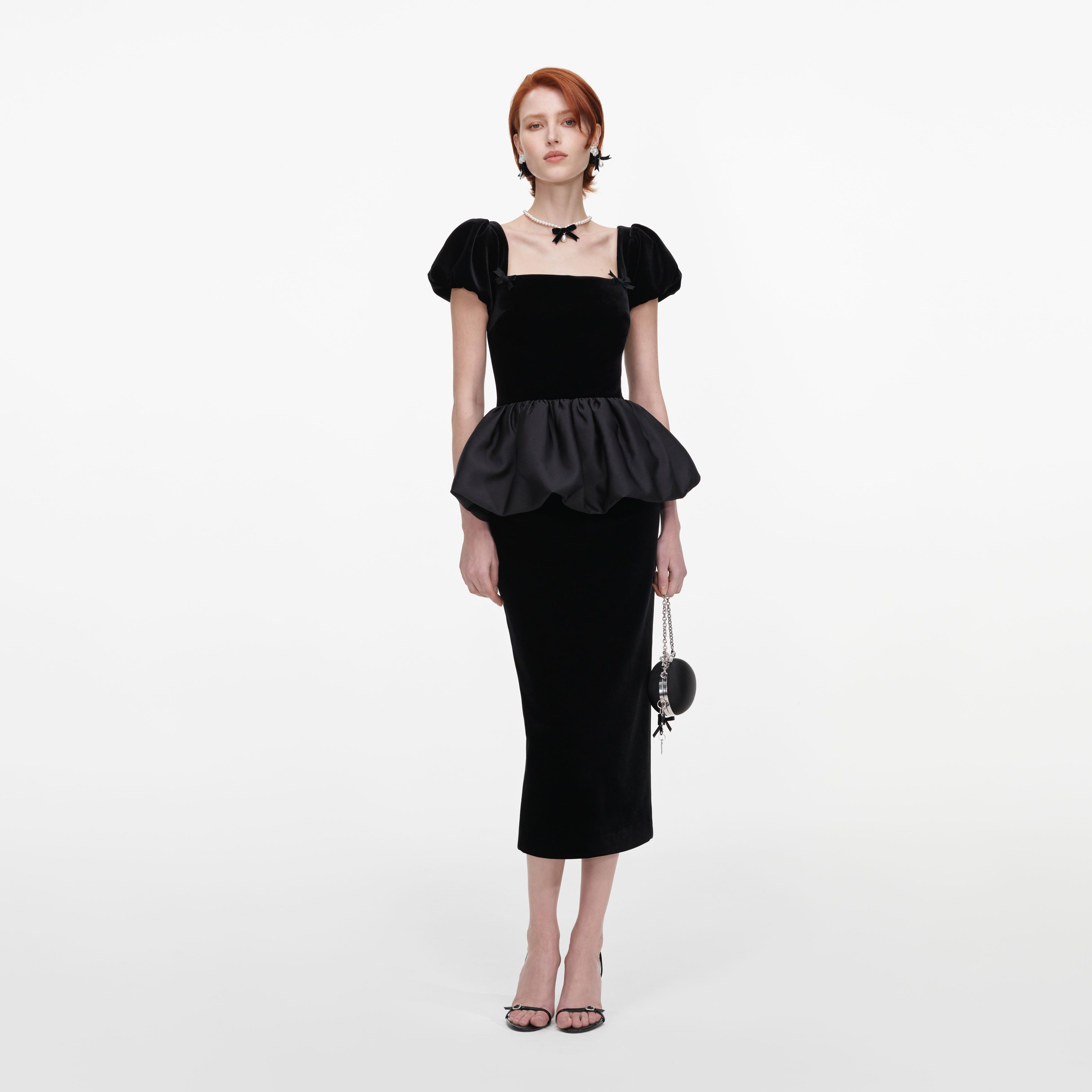 Black Velvet Bubble Peplum Midi Dress