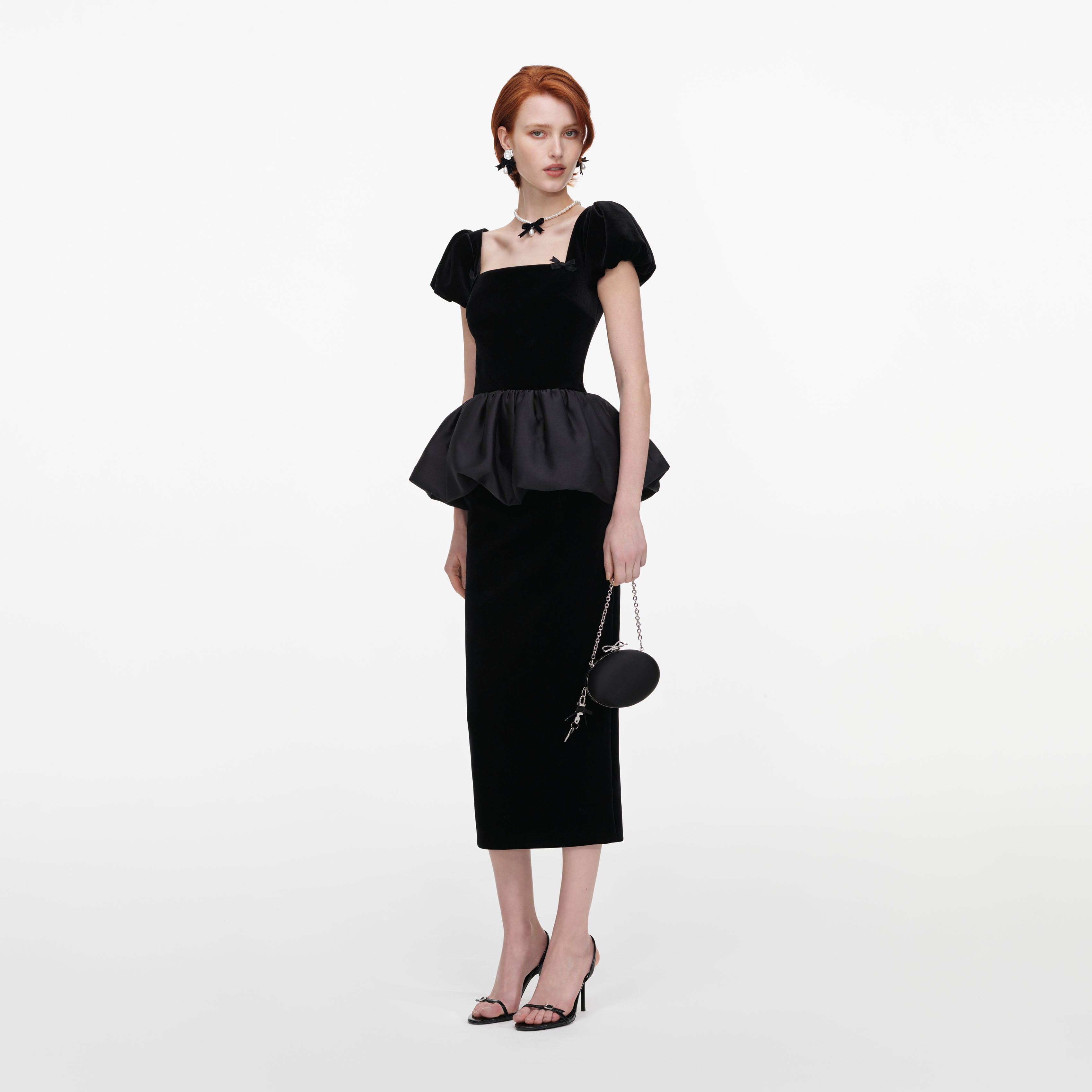 Black Velvet Bubble Peplum Midi Dress