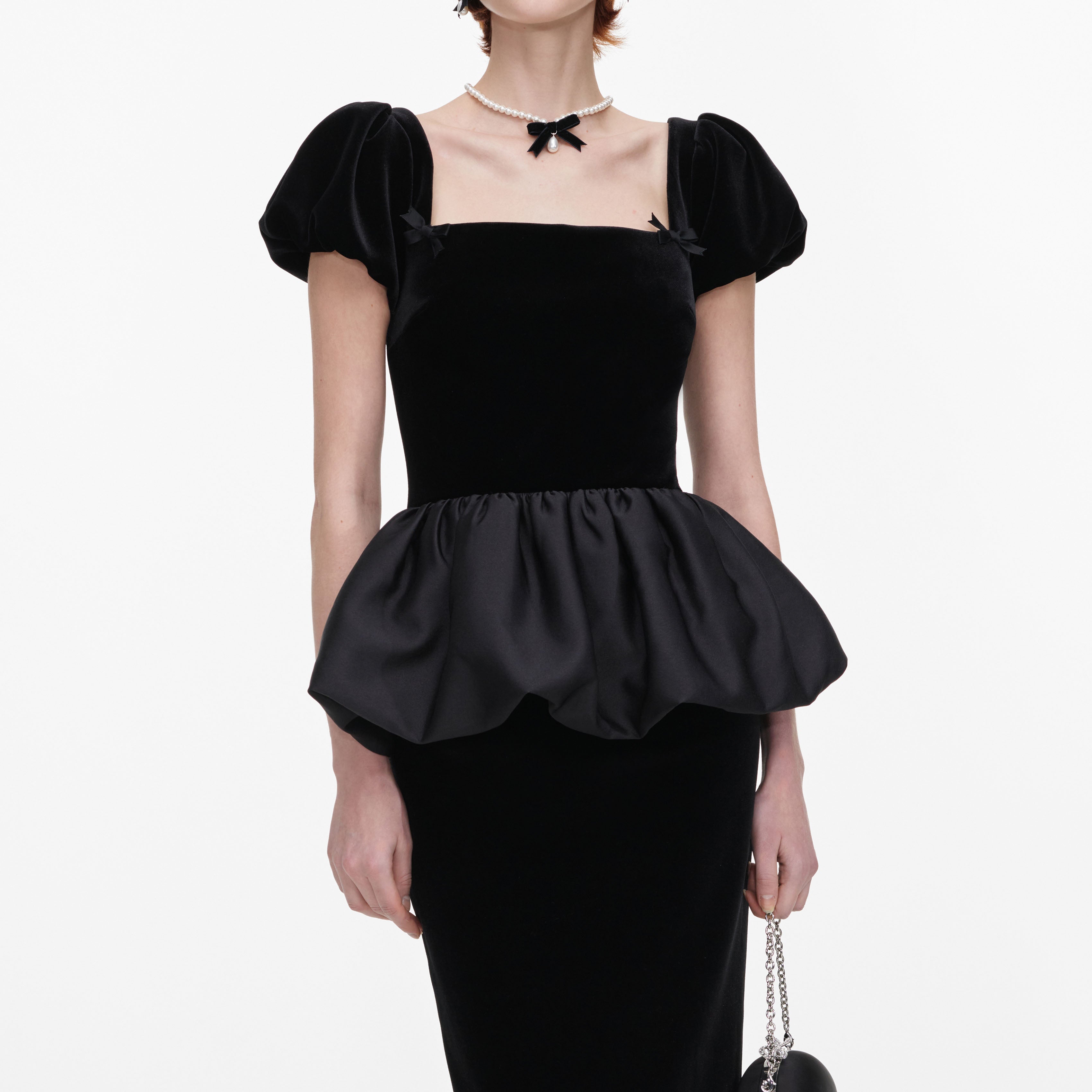 Black Velvet Bubble Peplum Midi Dress
