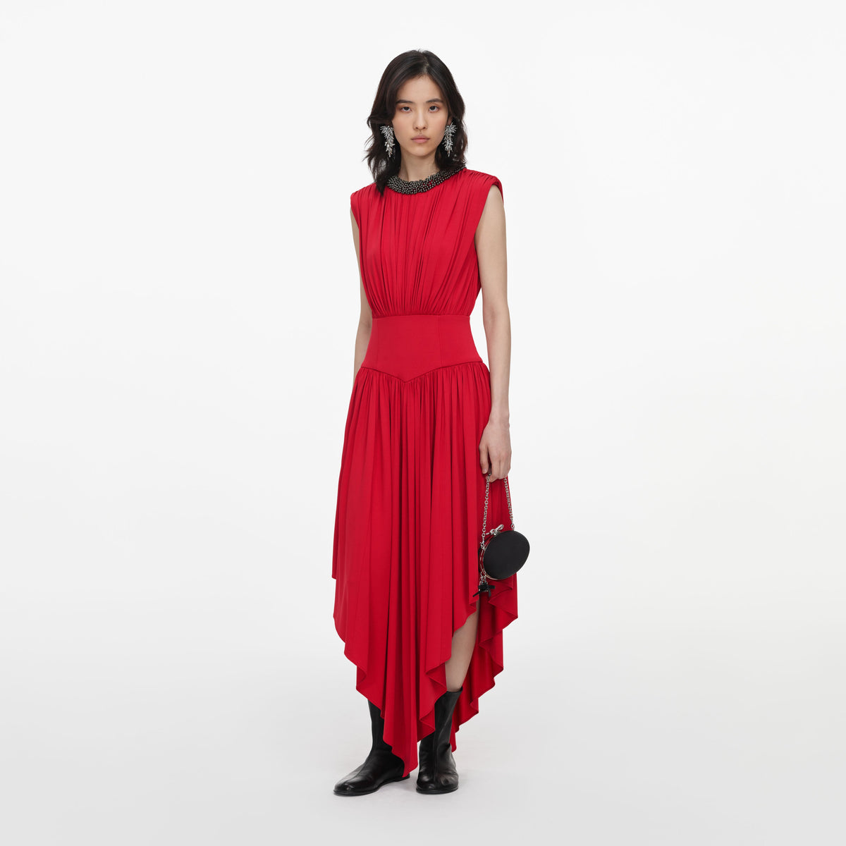 Red Jersey Drape Asymmetric Midi Dress