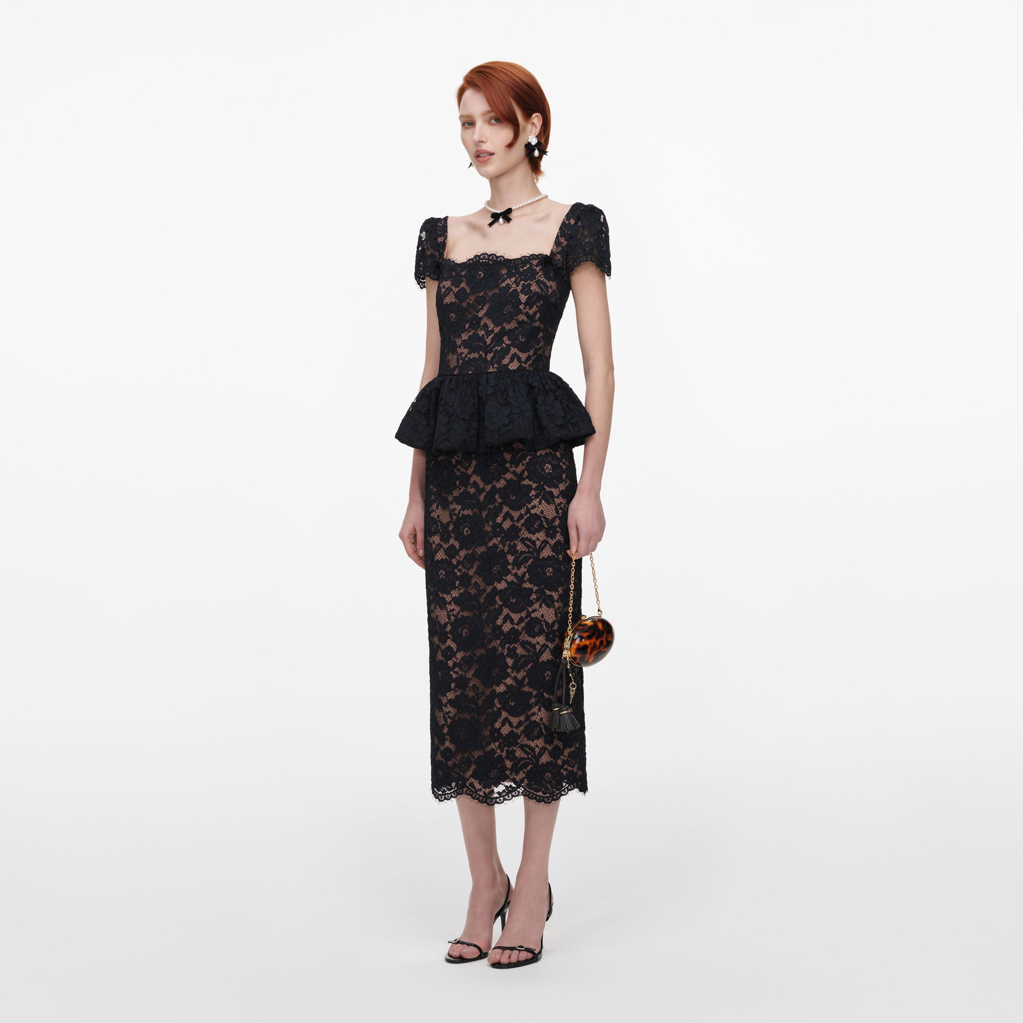 Black Fine Lace Peplum Midi Dress