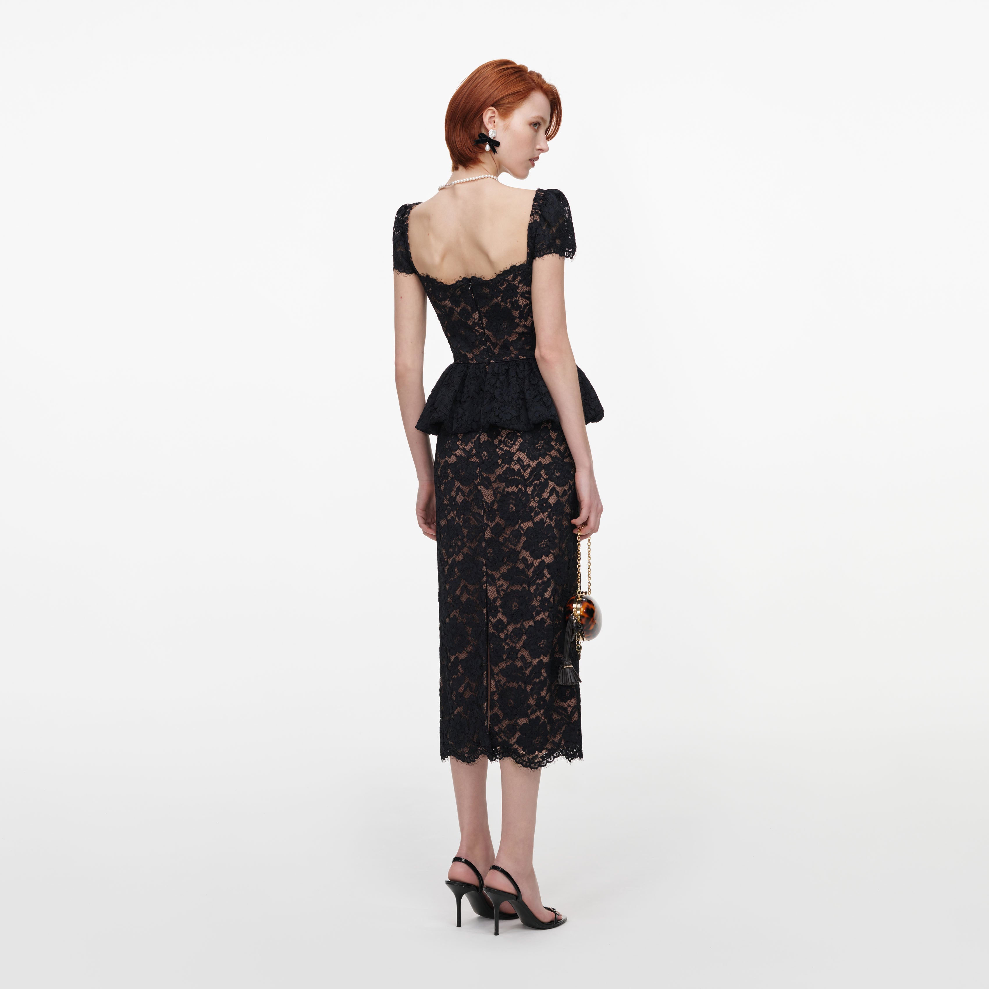 Black Fine Lace Peplum Midi Dress