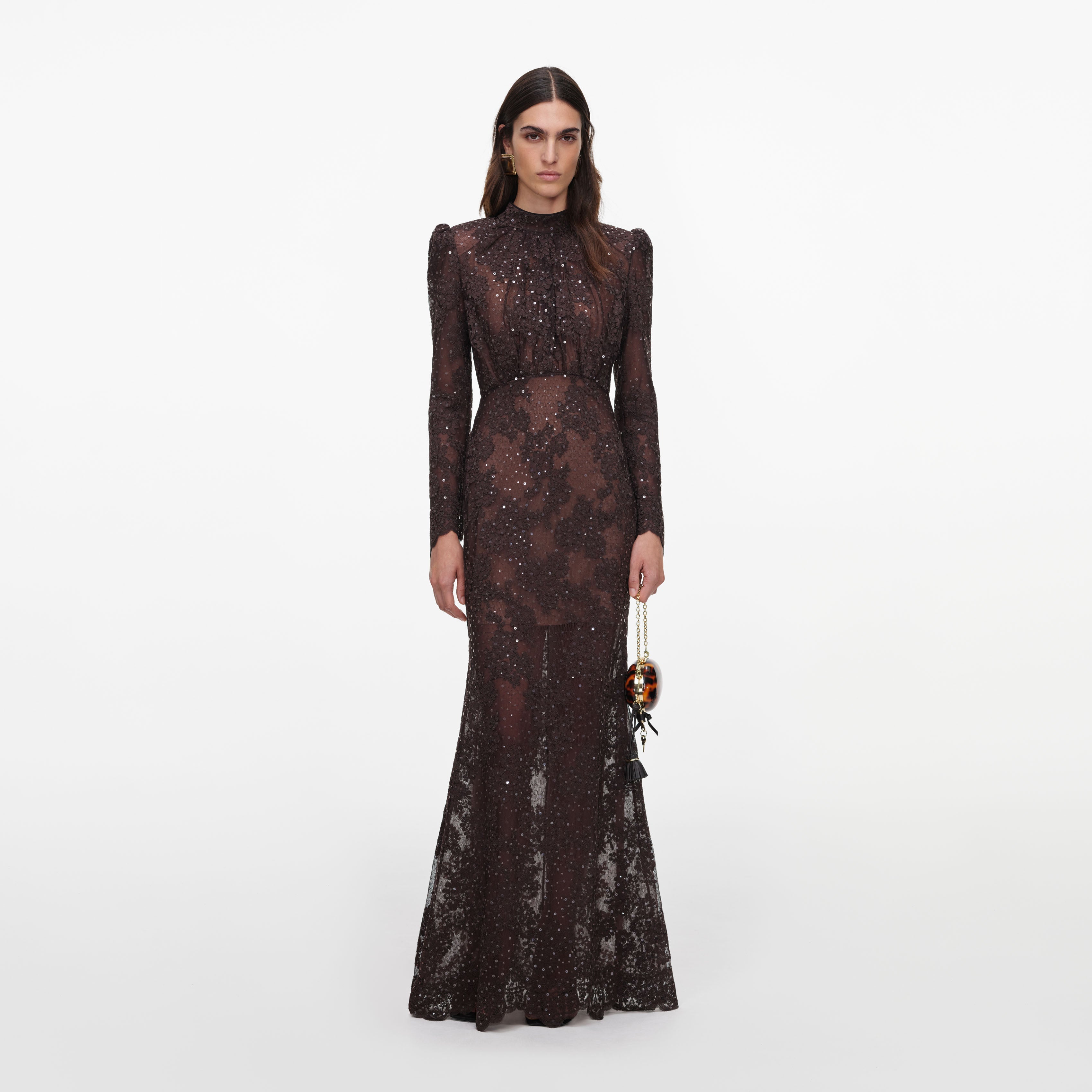 Brown Sequin Lace Maxi Dress