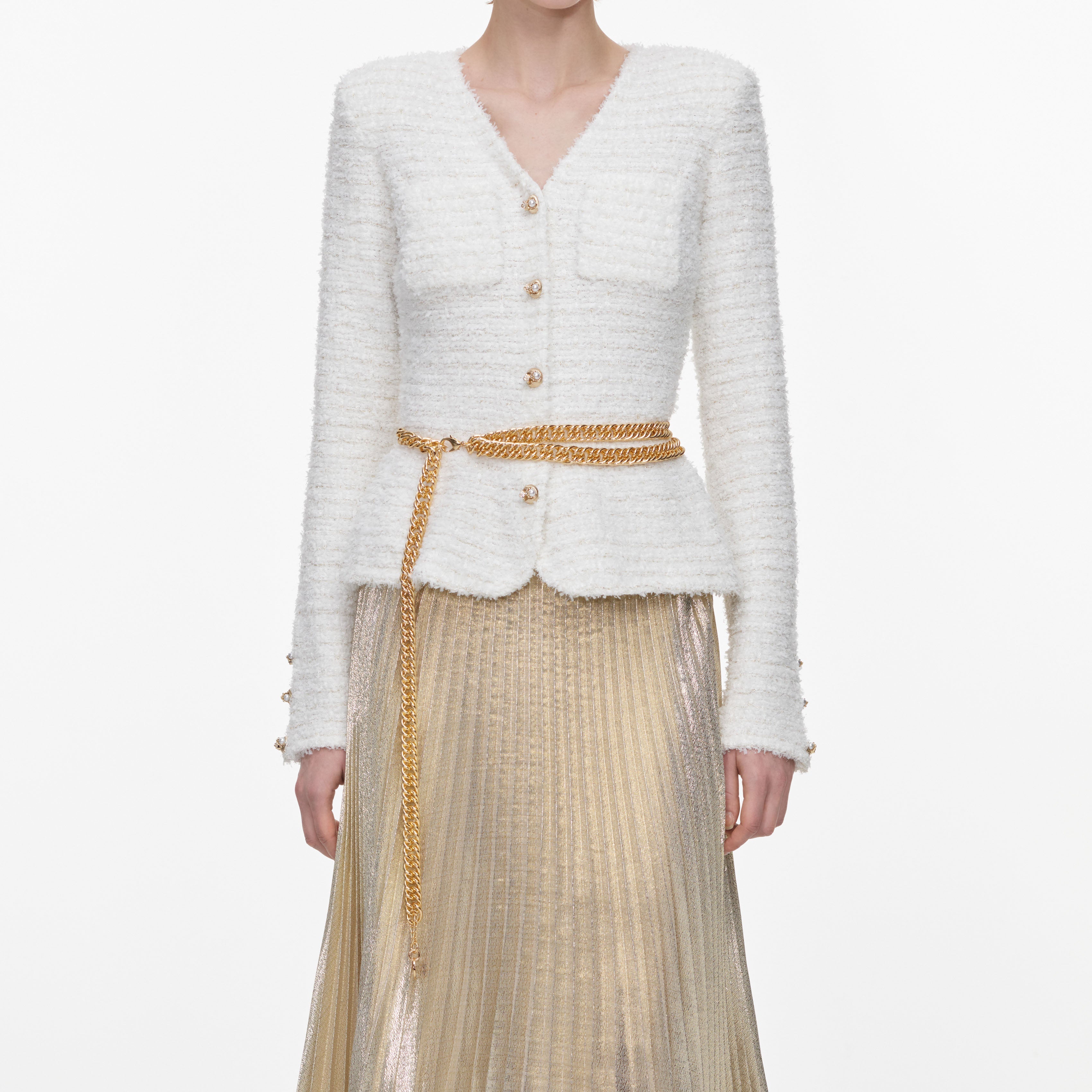 Cream Textured Knit Metallic Chiffon Maxi Dress