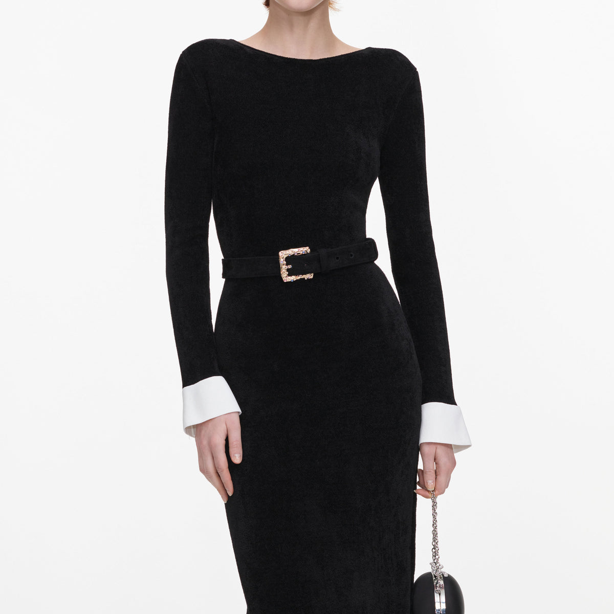 Black Chenille Knit Feather Midi Dress
