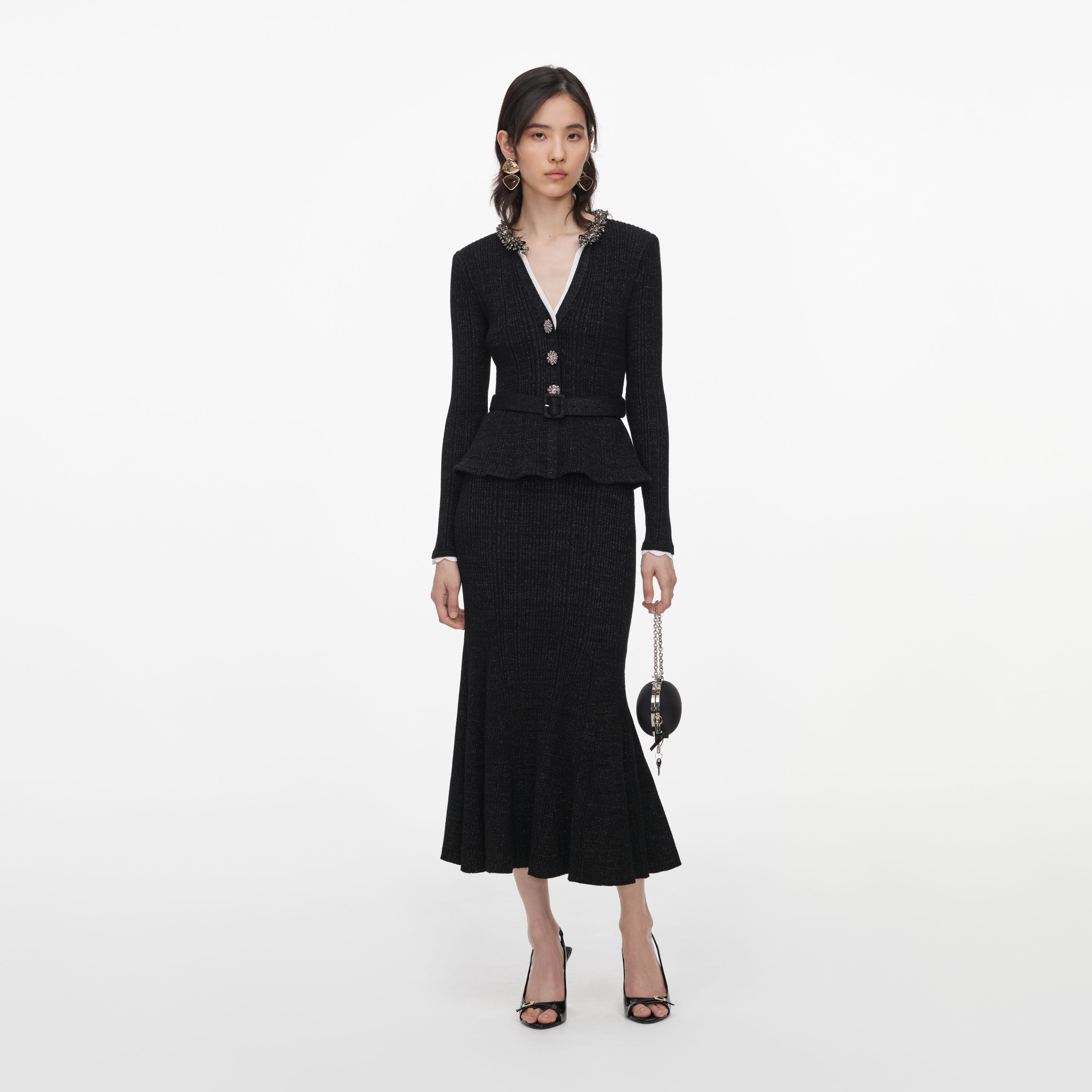 Black Lurex Rib Knit Midi Dress