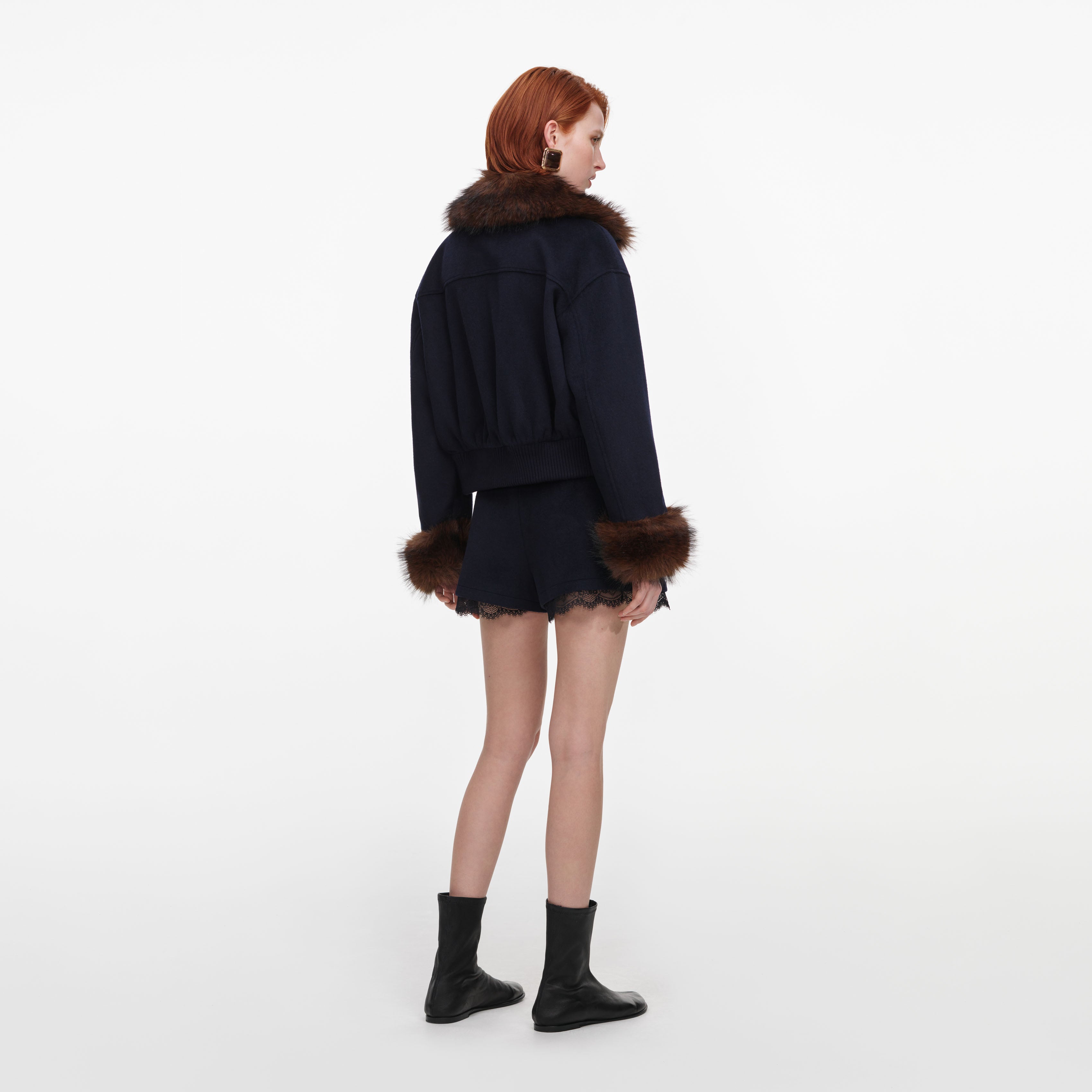 Navy Wool Fur Trim Jacket