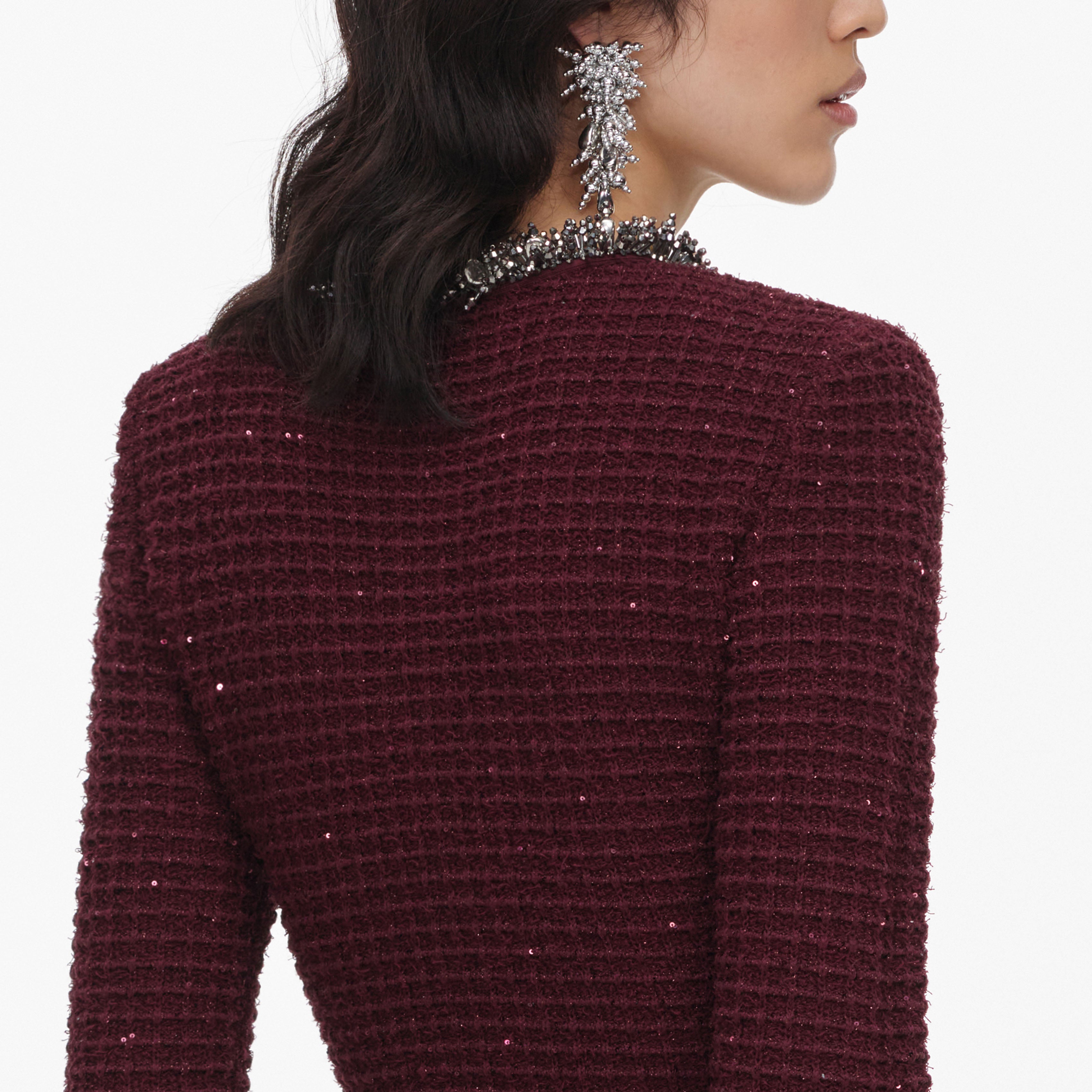 Burgundy Textured Knit Embellished Mini Dress
