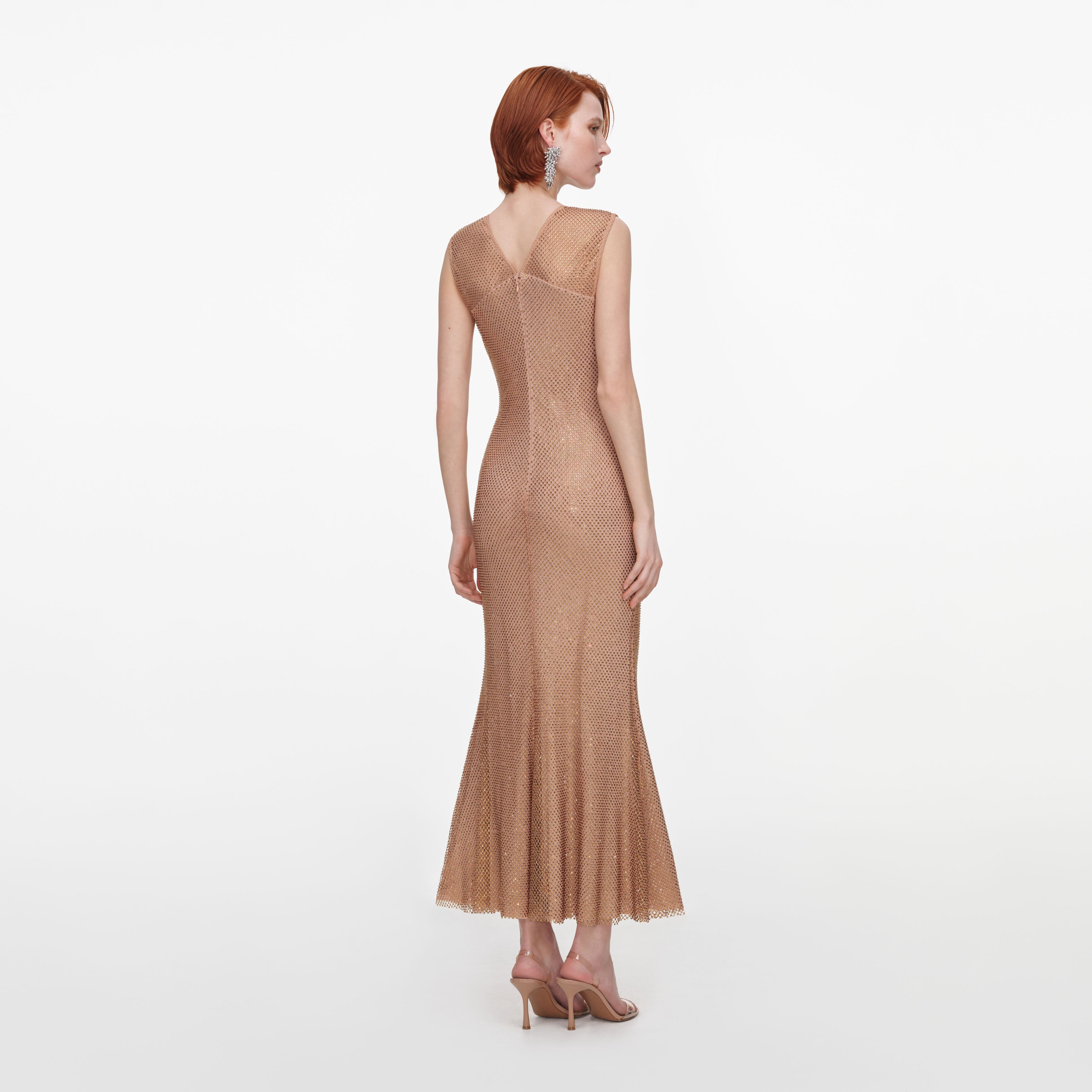 Champagne Rhinestone Fishnet Midi Dress