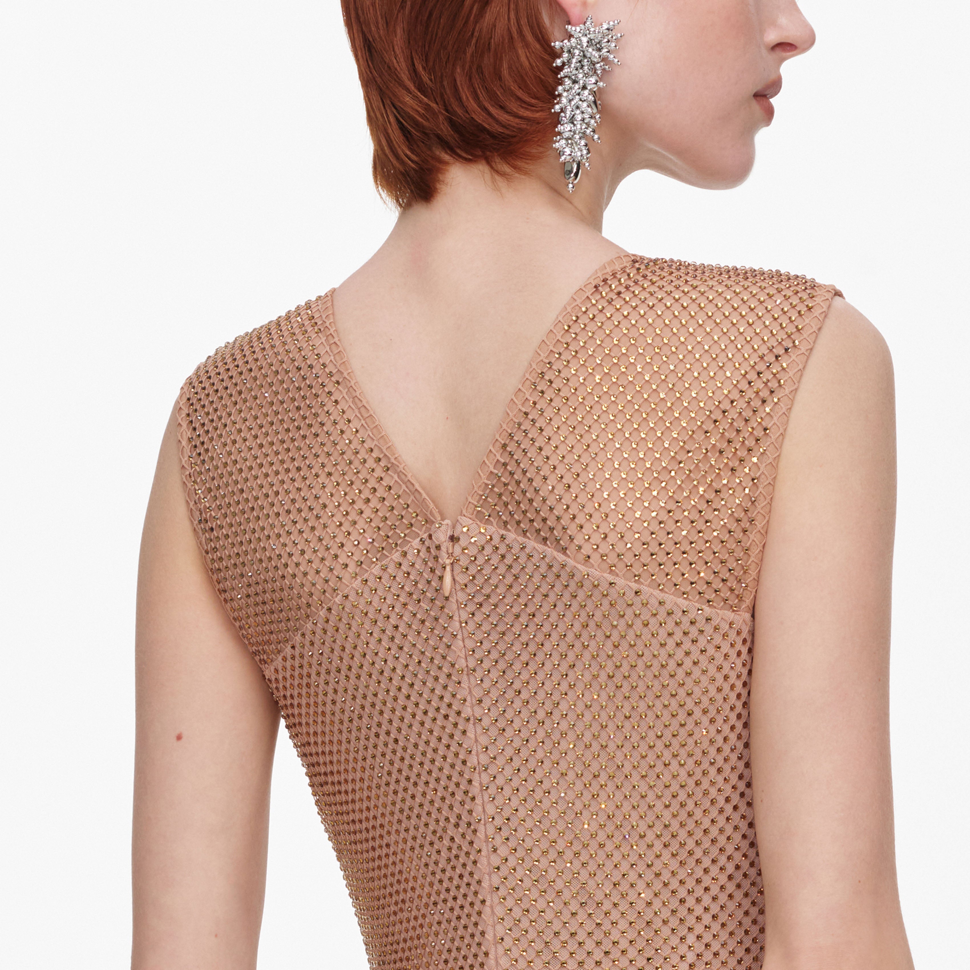 Champagne Rhinestone Fishnet Midi Dress
