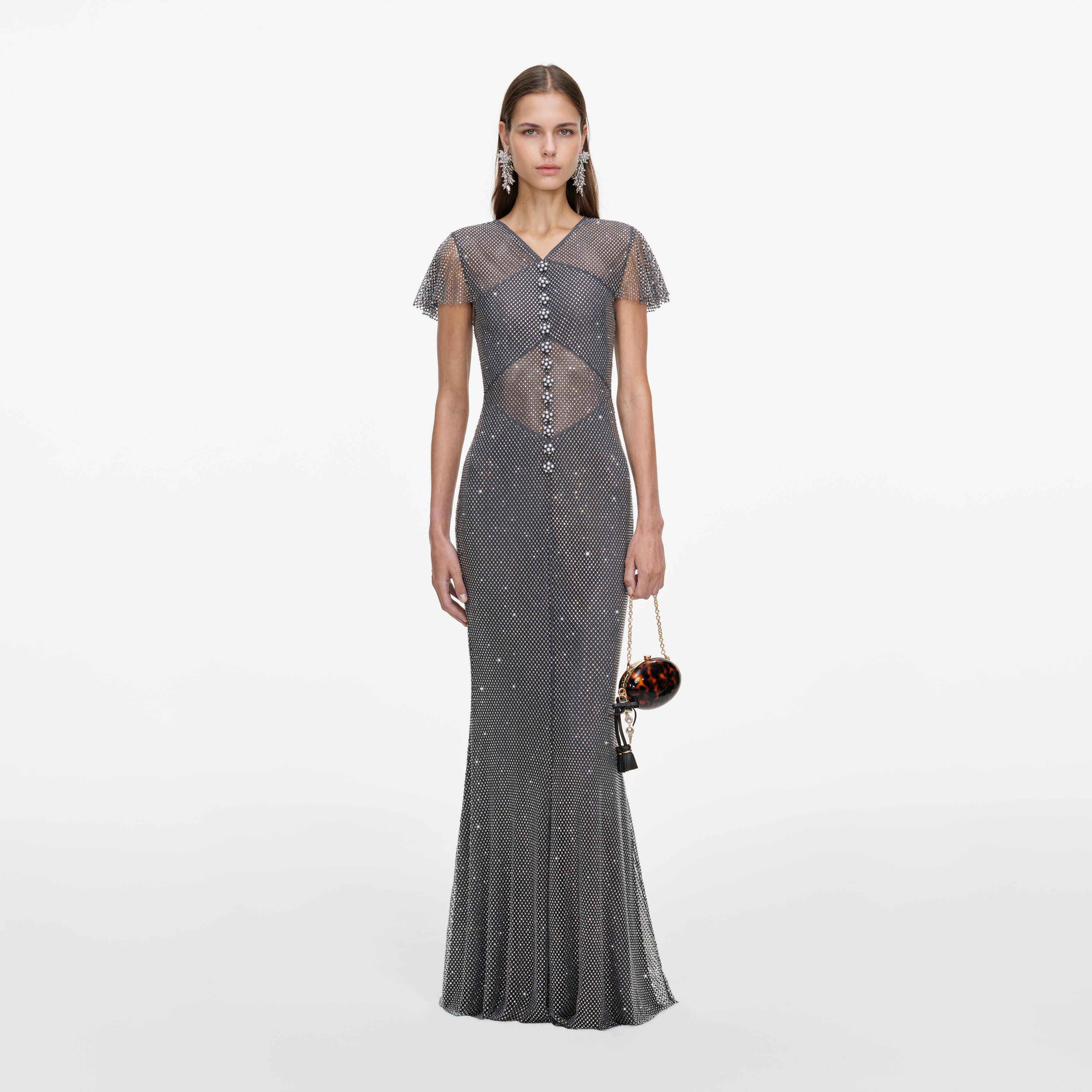 Grey Rhinestone Fishnet Maxi Dress