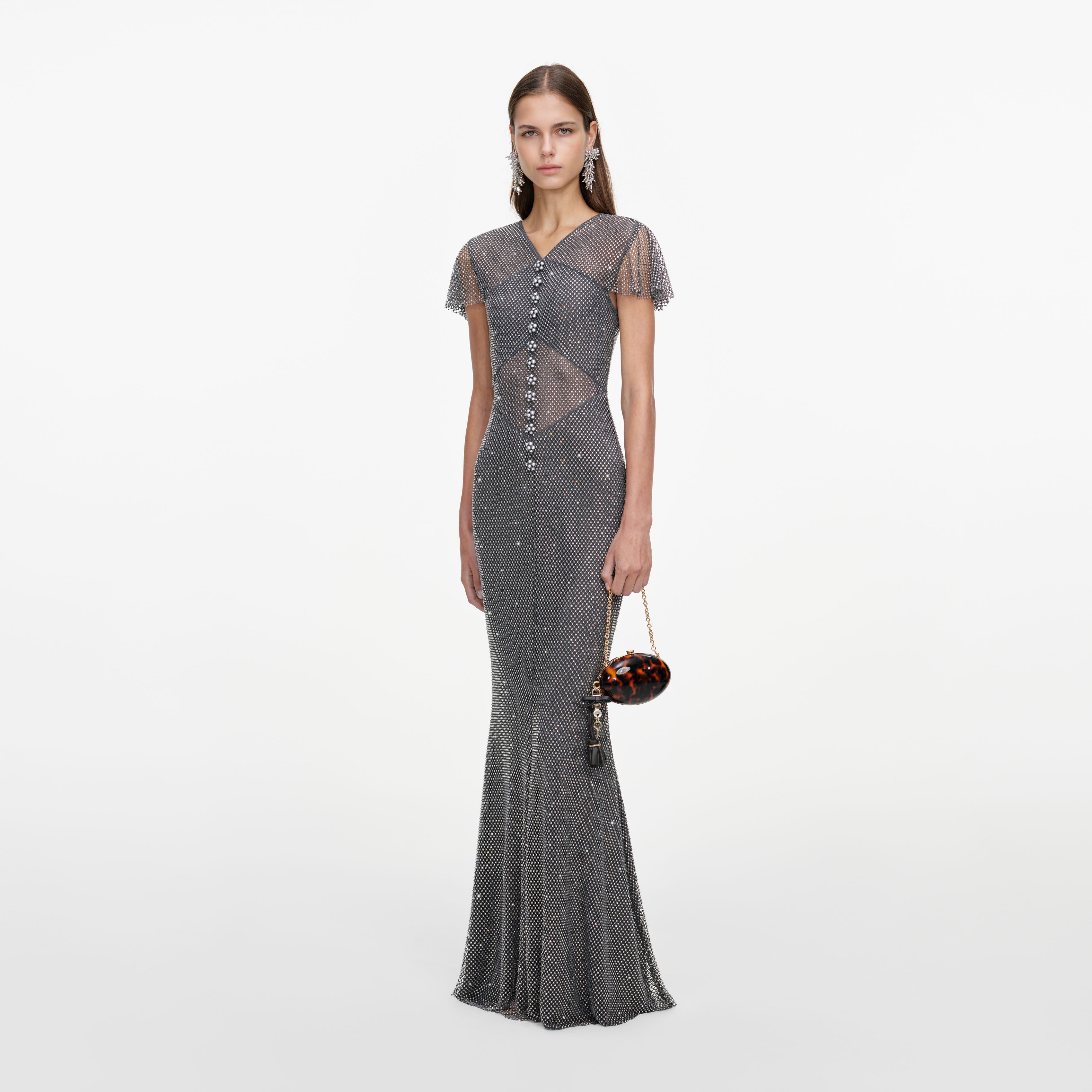 Grey Rhinestone Fishnet Maxi Dress