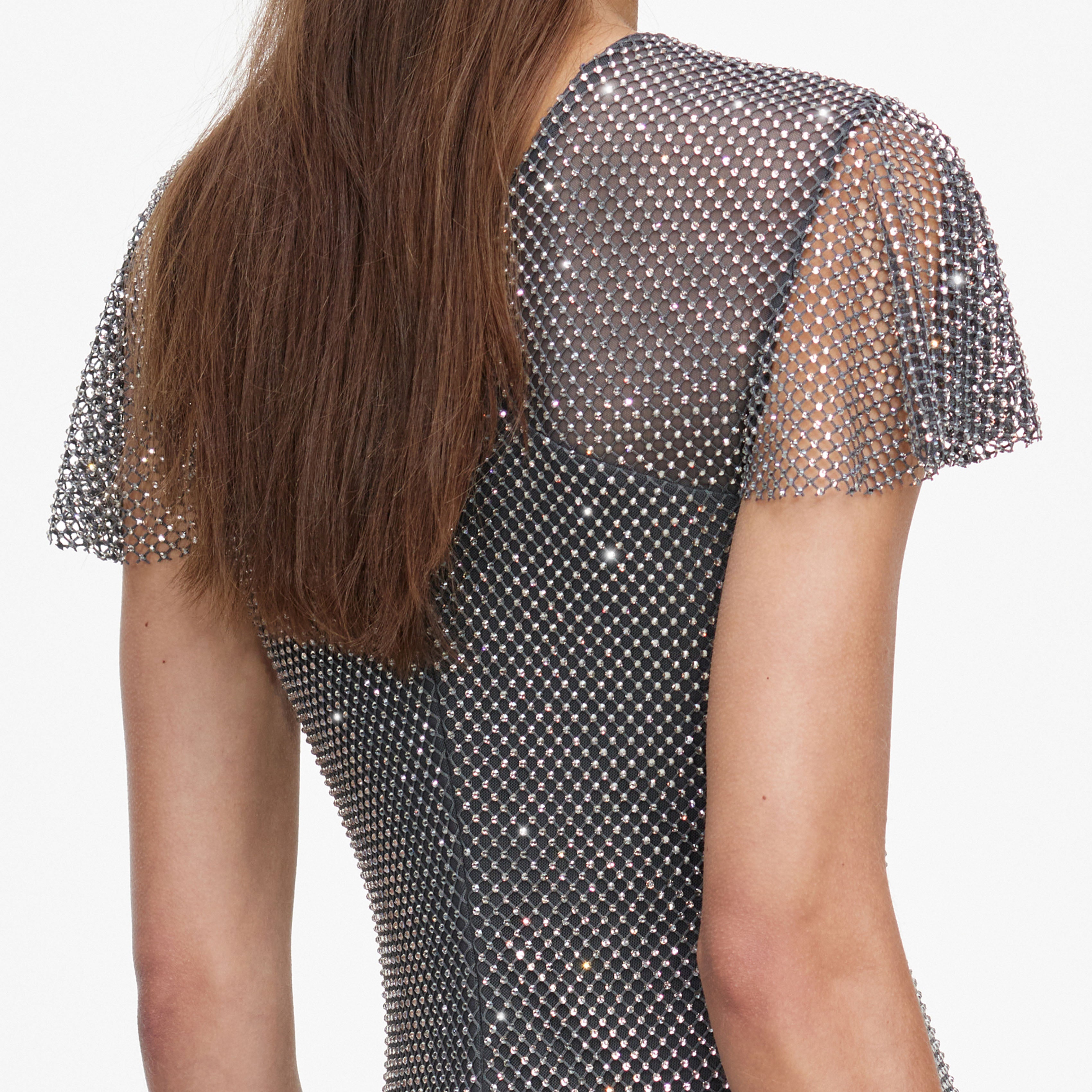 Grey Rhinestone Fishnet Maxi Dress