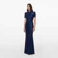 Navy Rhinestone Mesh Twist Maxi Dress