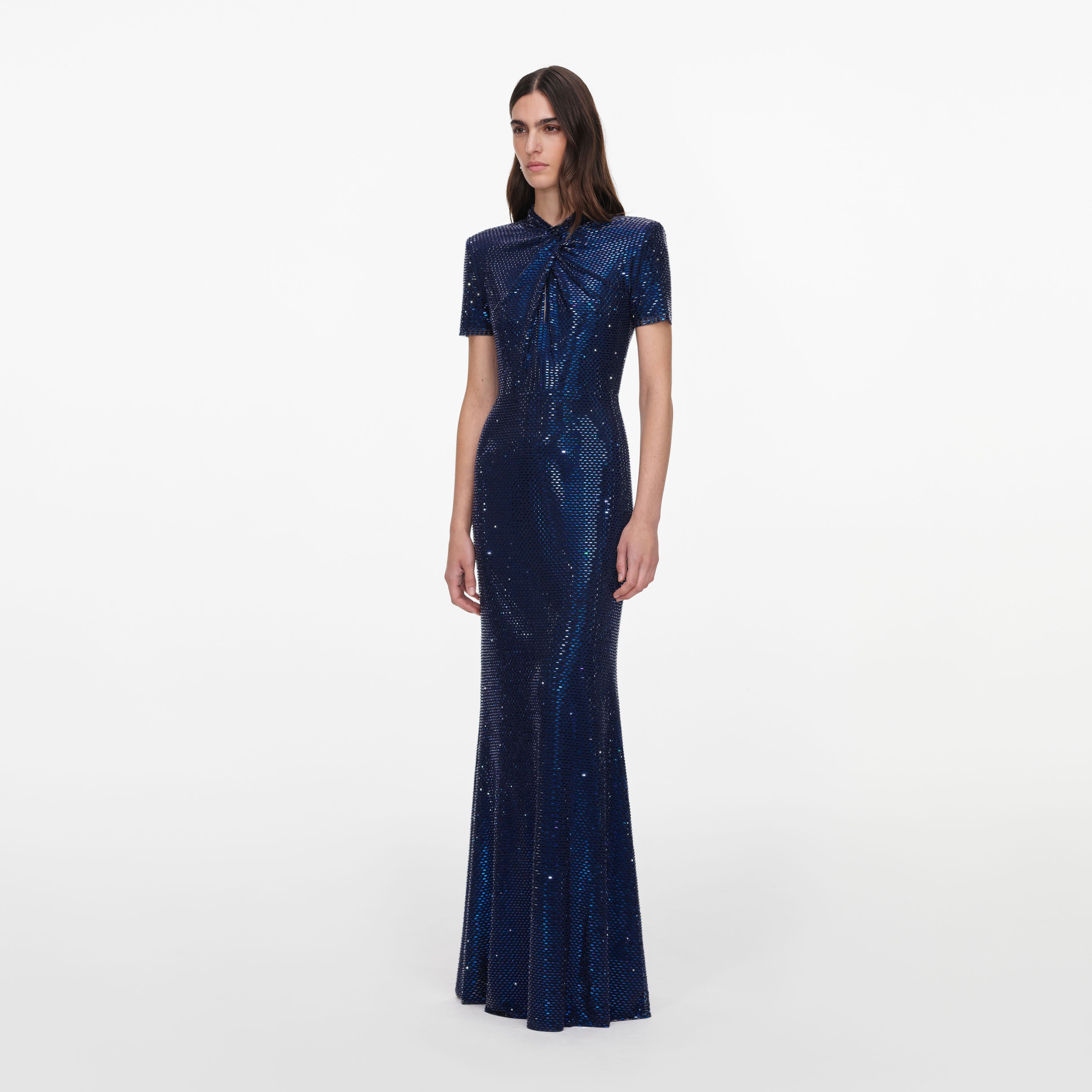 Navy Rhinestone Mesh Twist Maxi Dress