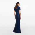 Navy Rhinestone Mesh Twist Maxi Dress