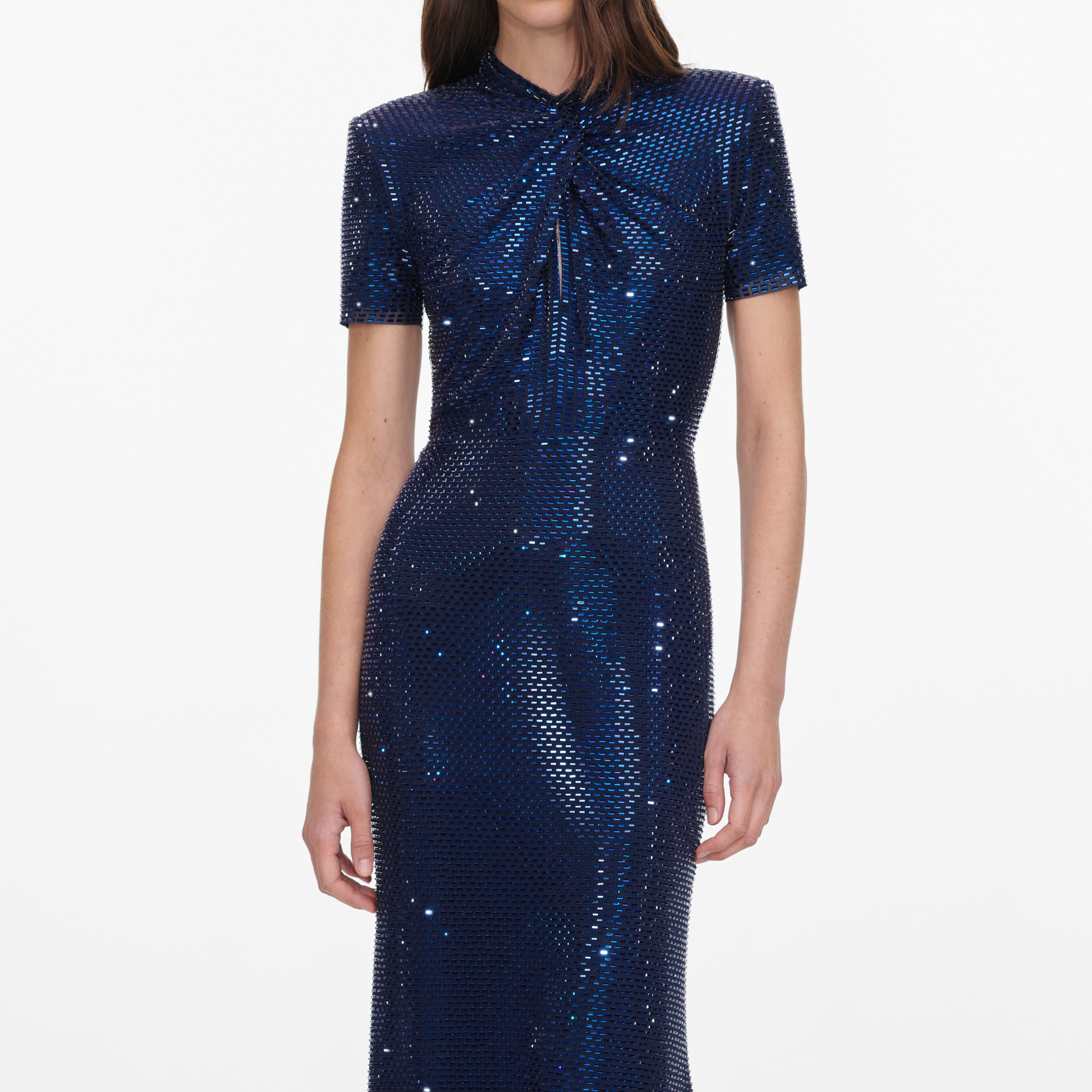 Navy Rhinestone Mesh Twist Maxi Dress