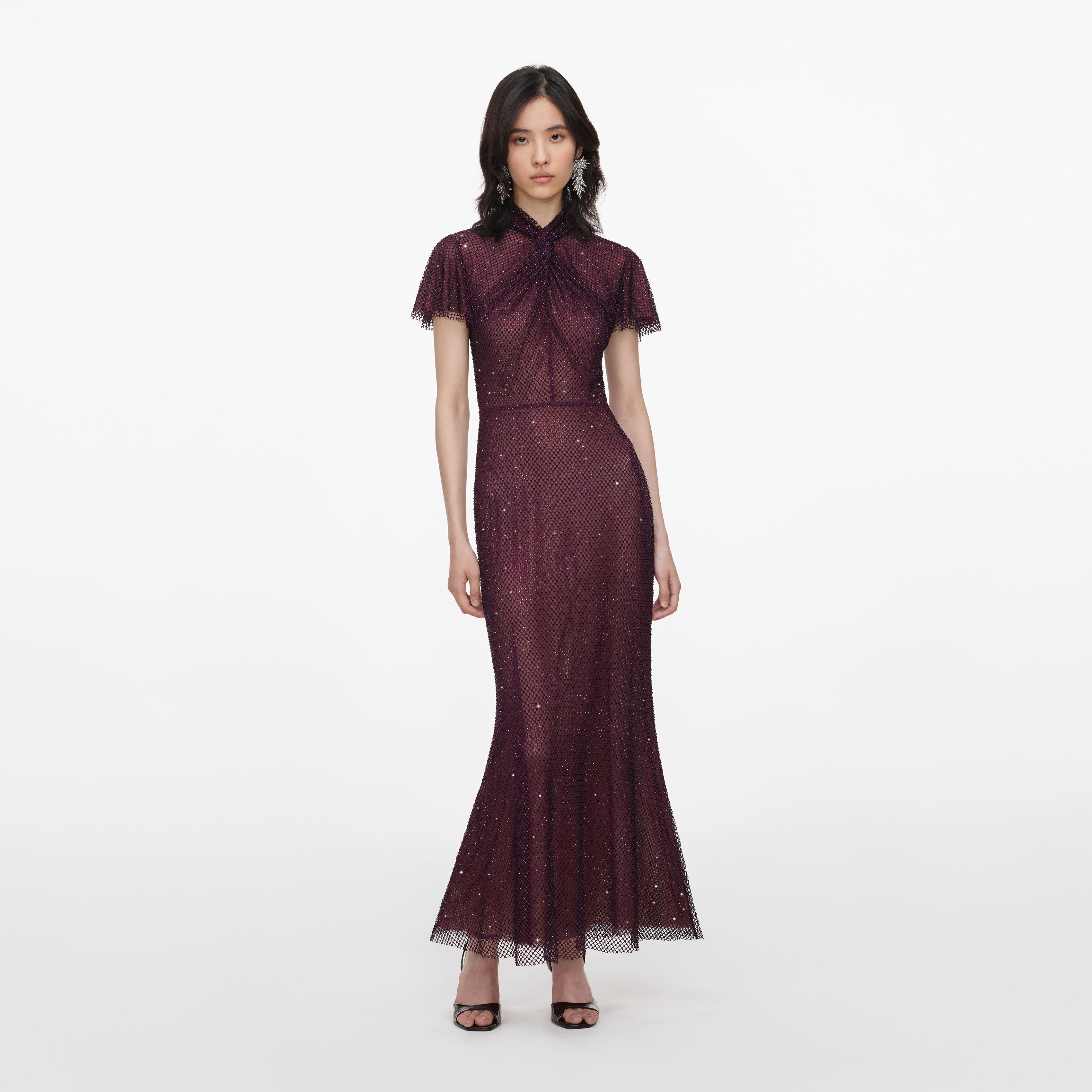 Burgundy Rhinestone Fishnet Midi Dress