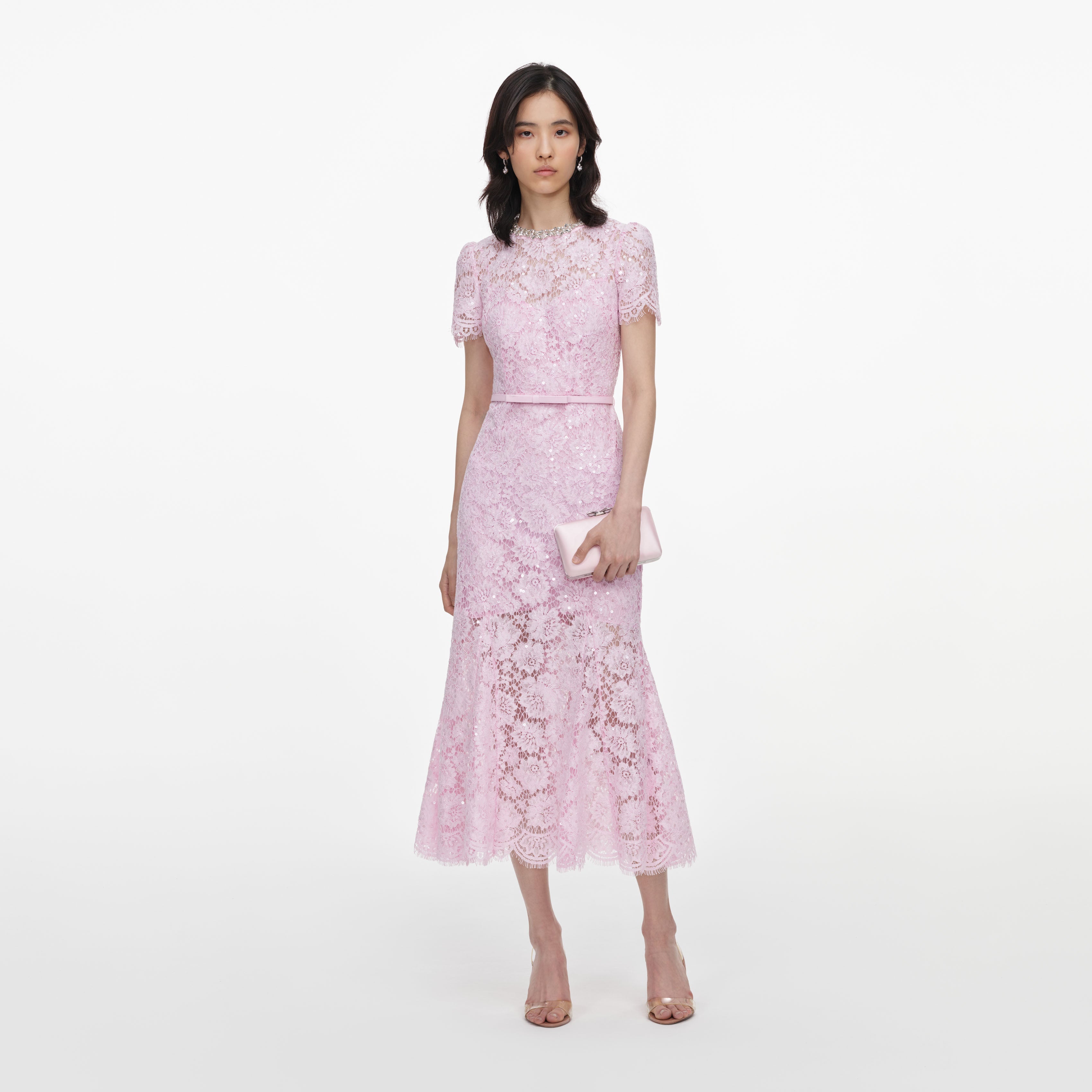 Pink Sequin Lace Midi Dress