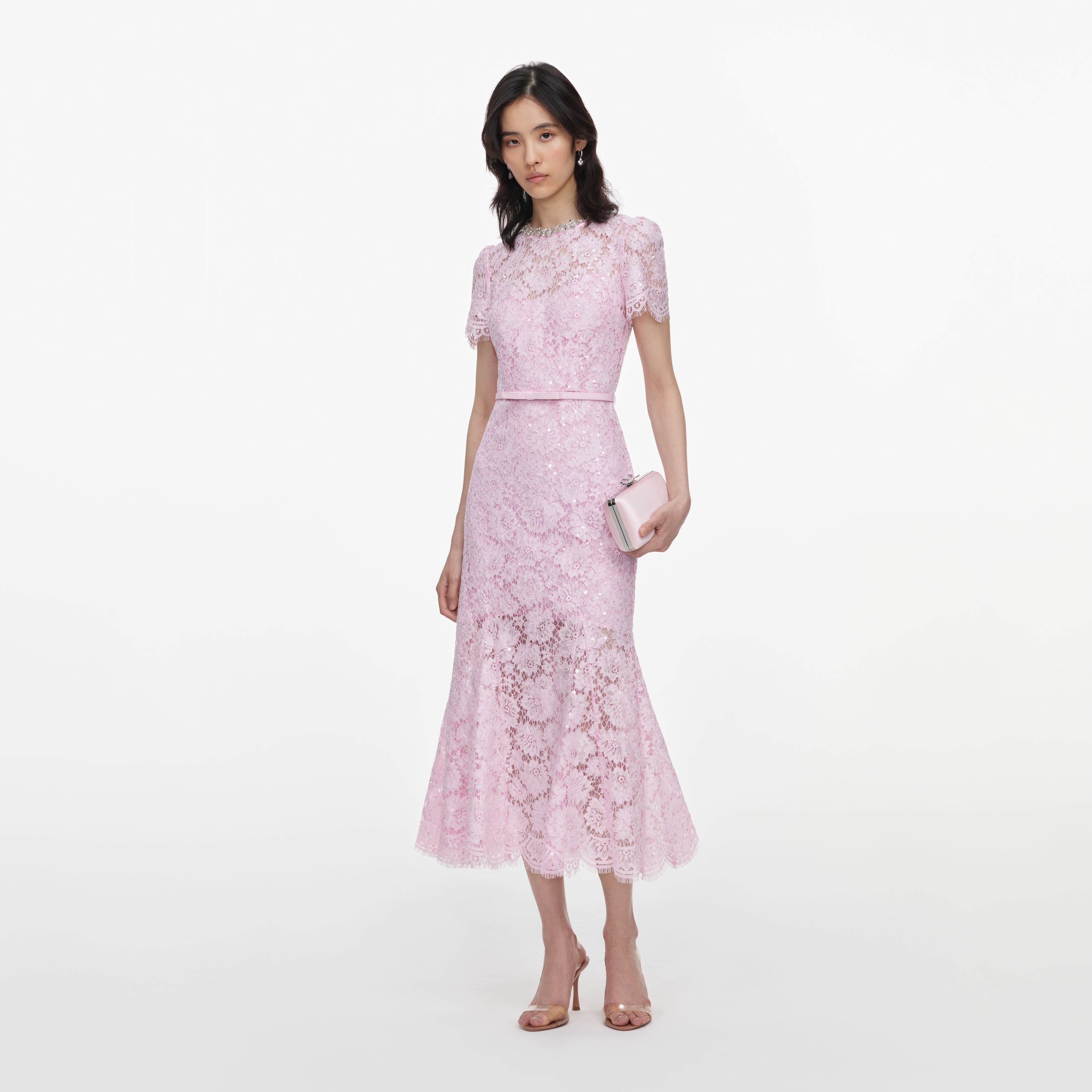 Pink Sequin Lace Midi Dress