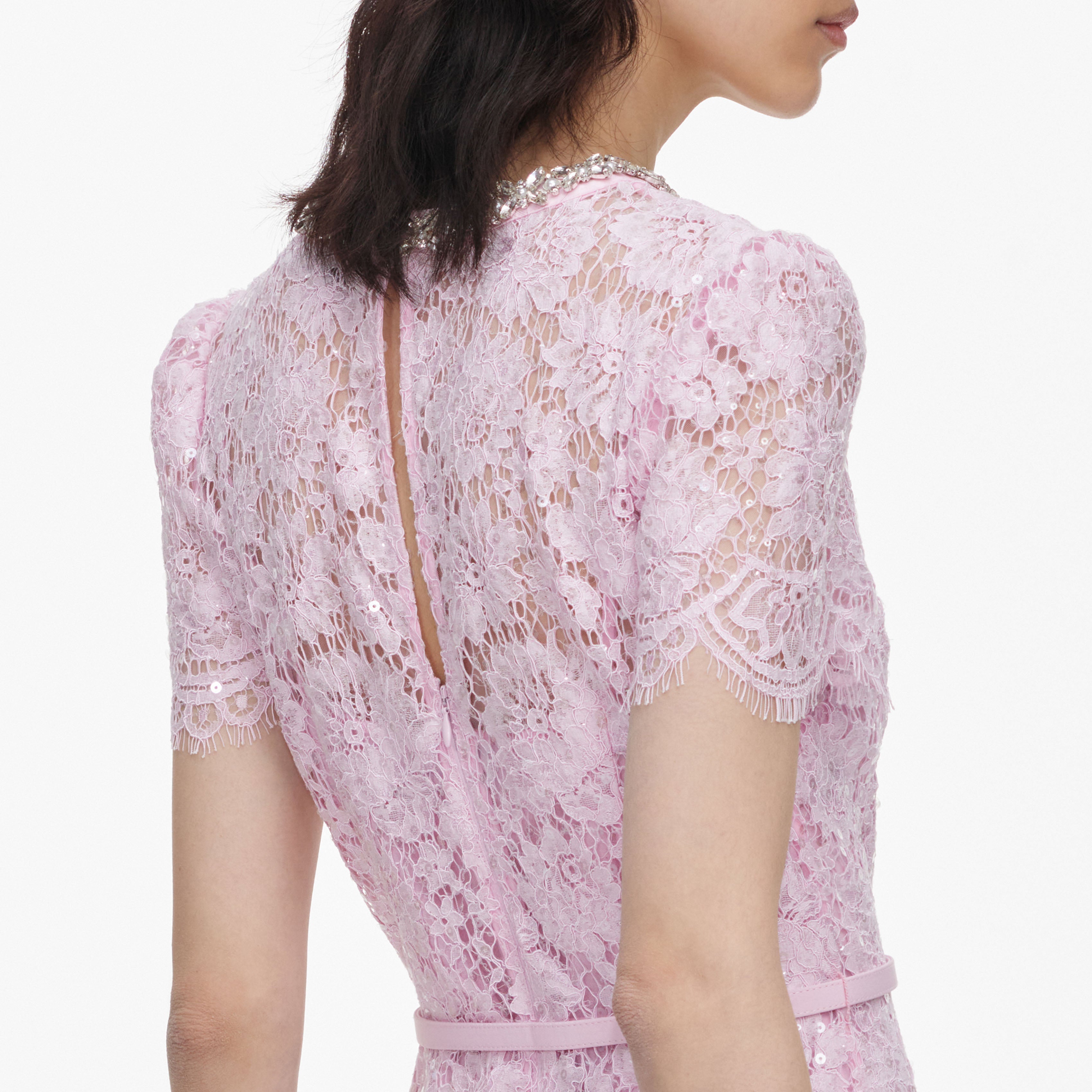 Pink Sequin Lace Midi Dress