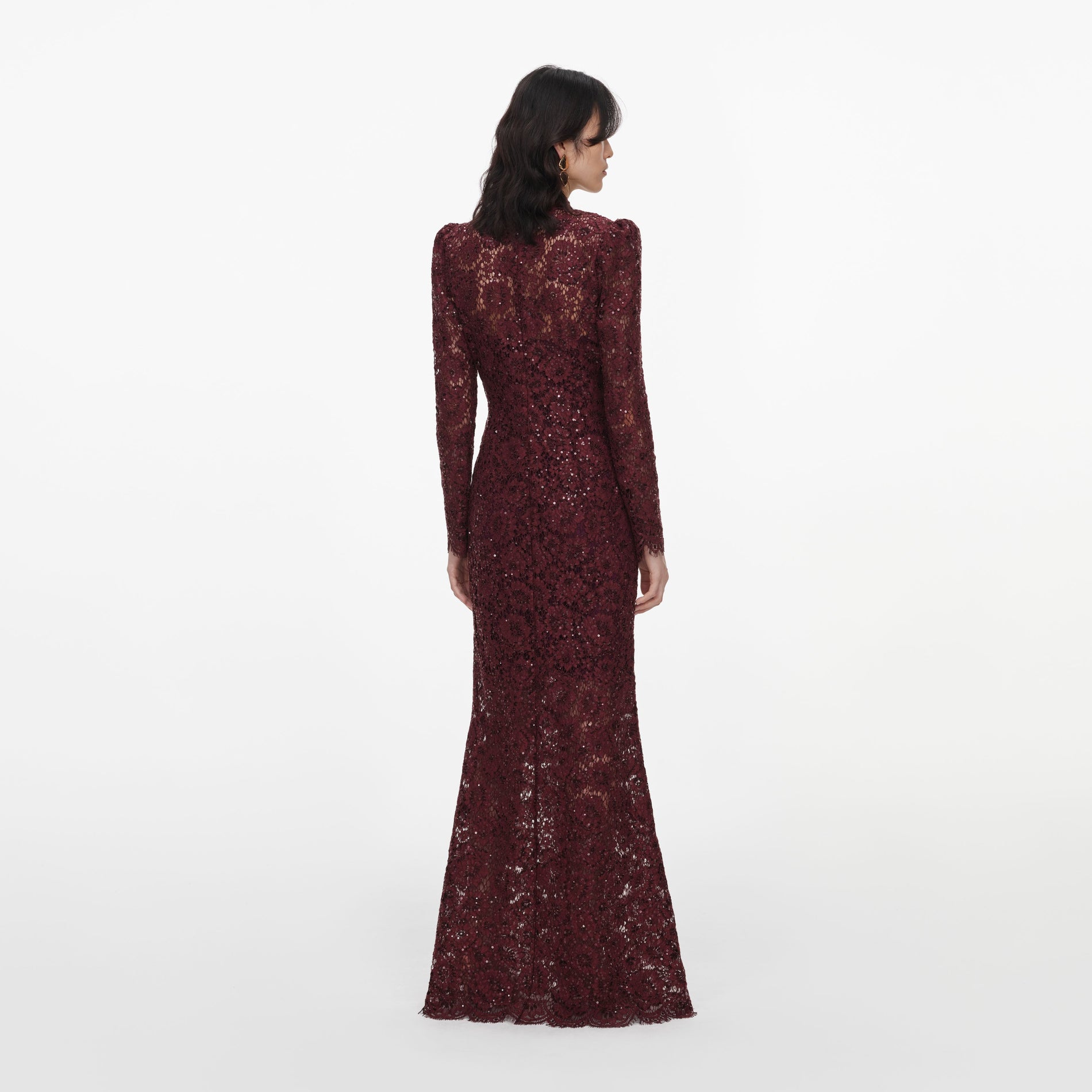Back view of a woman wearing the Burgundy Sequin Lace Maxi Dress