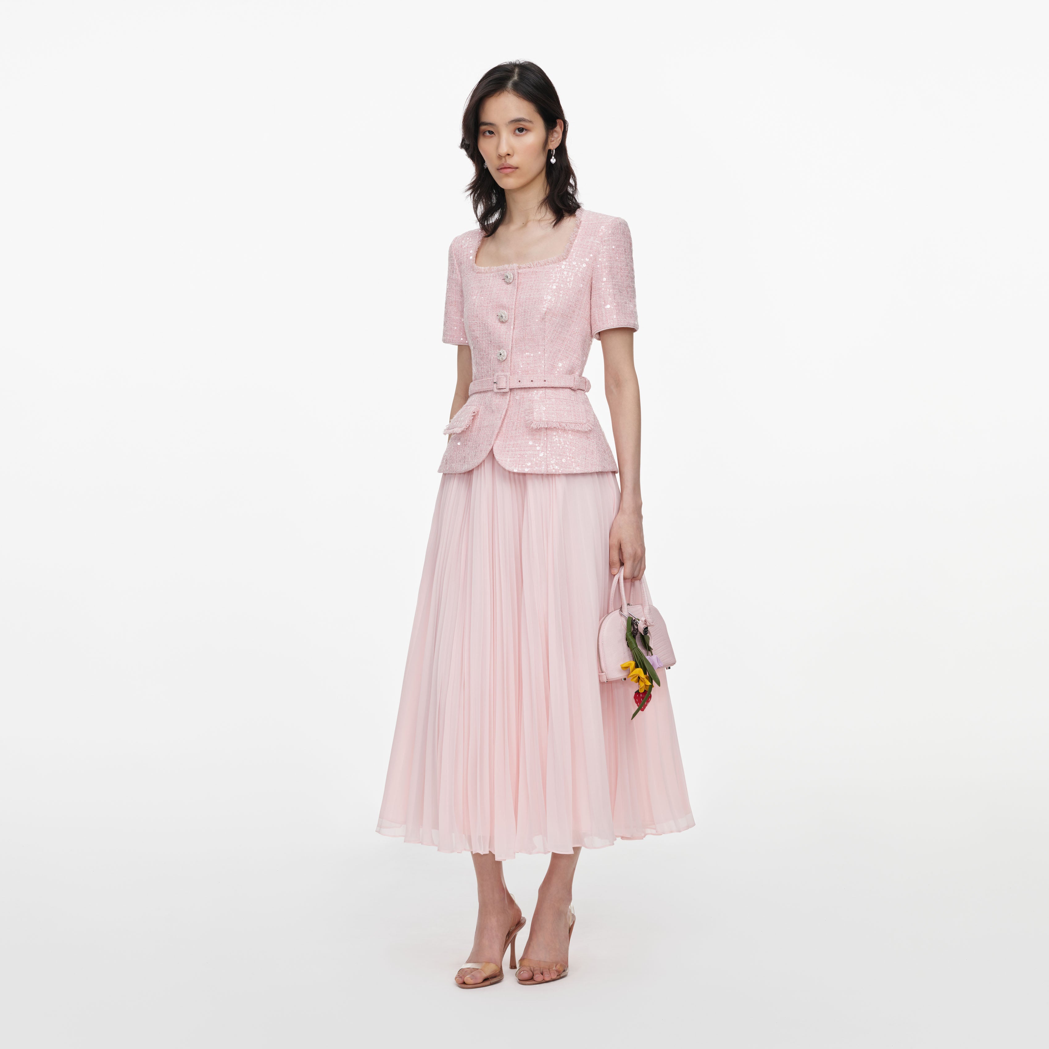Pink Sequin Boucle Midi Dress