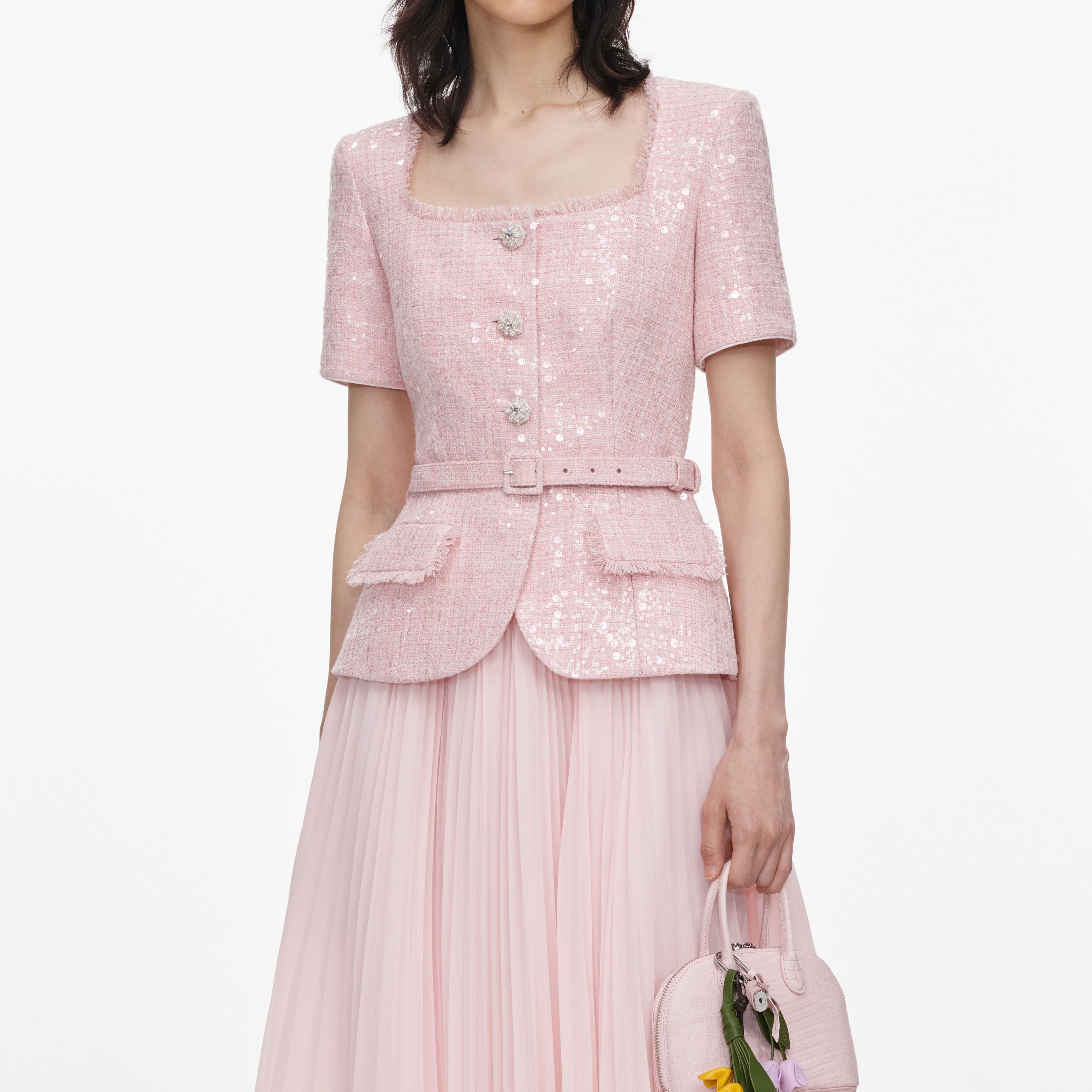 Pink Sequin Boucle Midi Dress