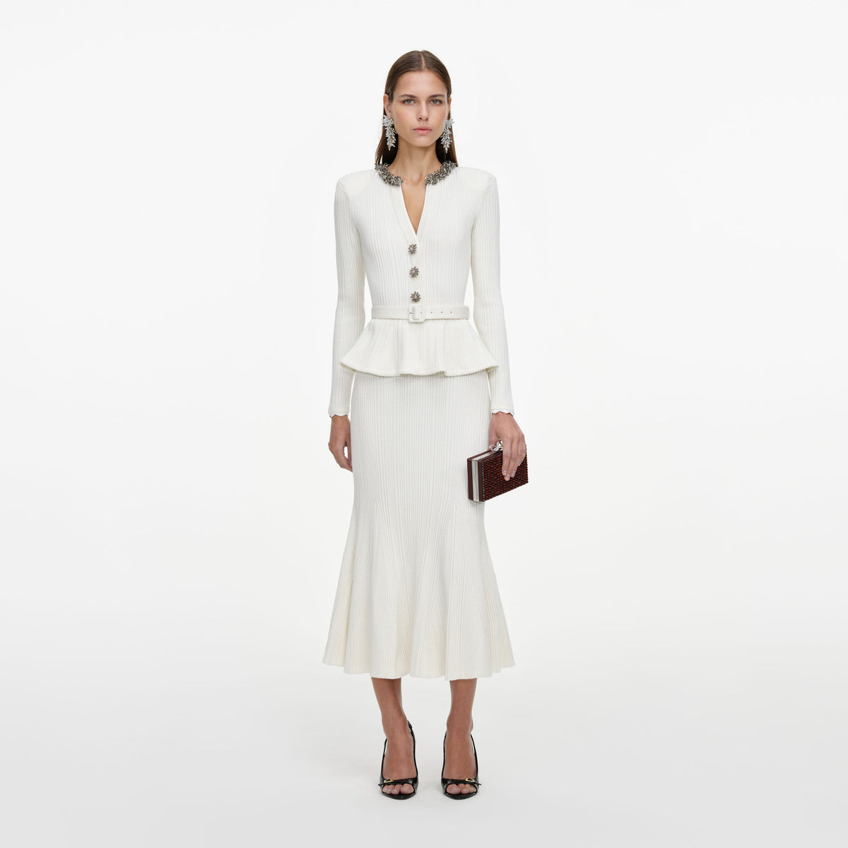 Cream Lurex Rib Knit Midi Dress