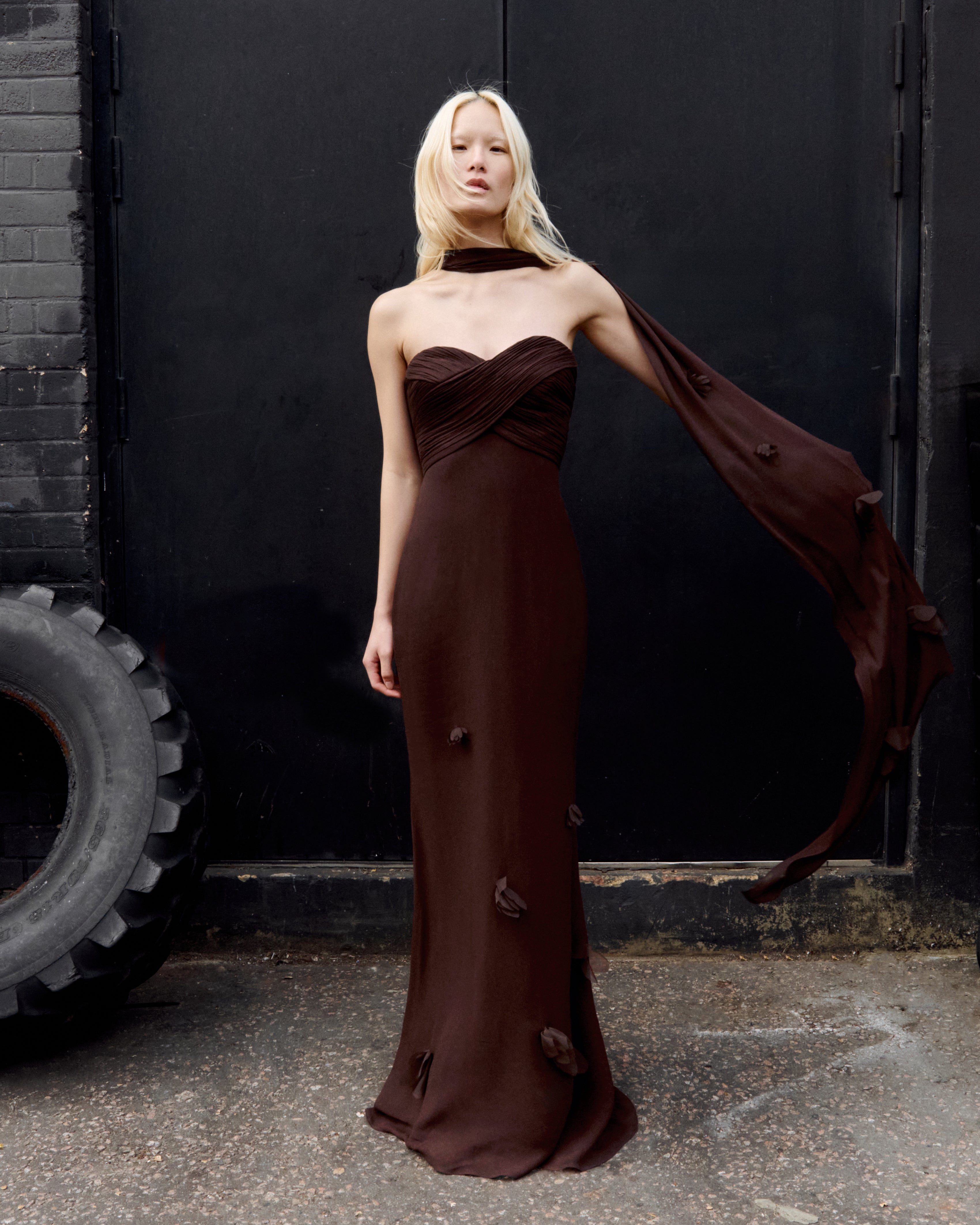 Brown Georgette Flower Maxi Dress