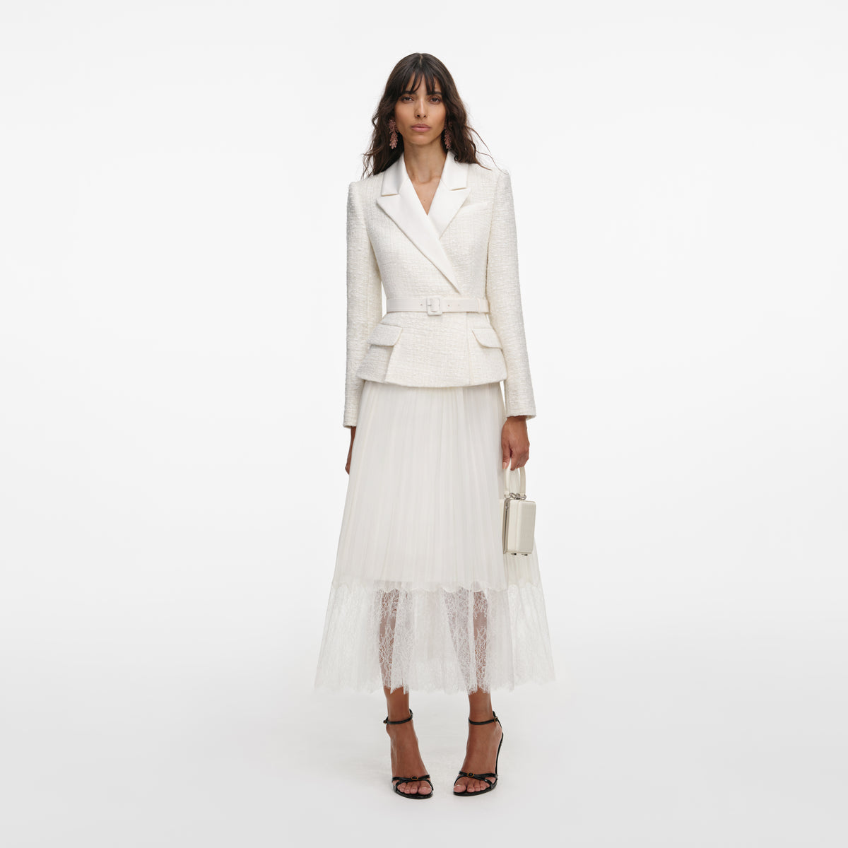 Cream Tailored Bouclé And Chiffon Midi Dress – self-portrait-US