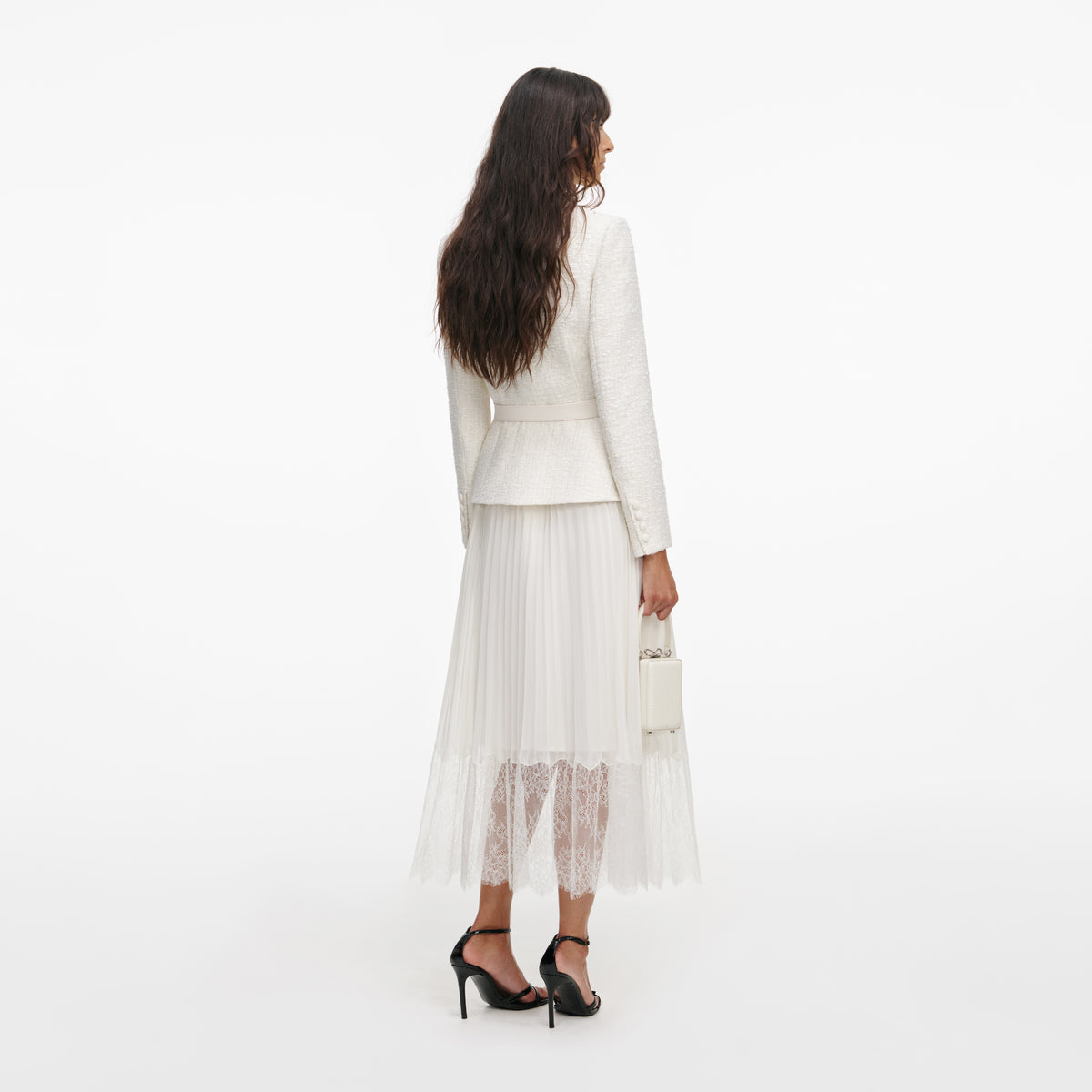 self-portrait - Cream Tailored Bouclé And Chiffon Midi Dress