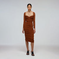 Caramel Shirred Power Mesh Midi Dress