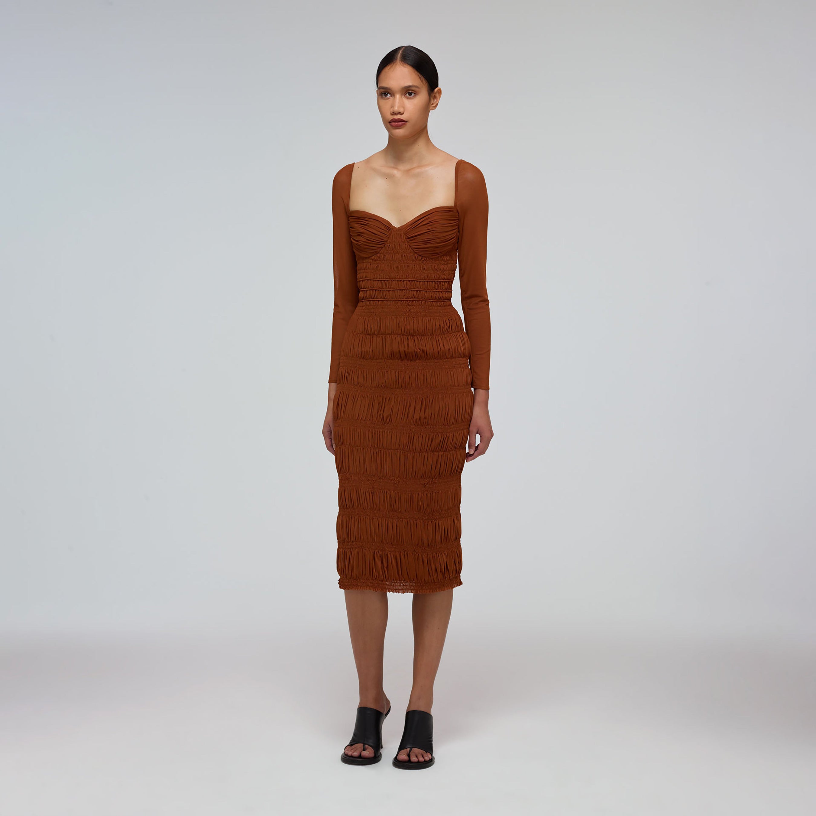 Caramel Shirred Power Mesh Midi Dress