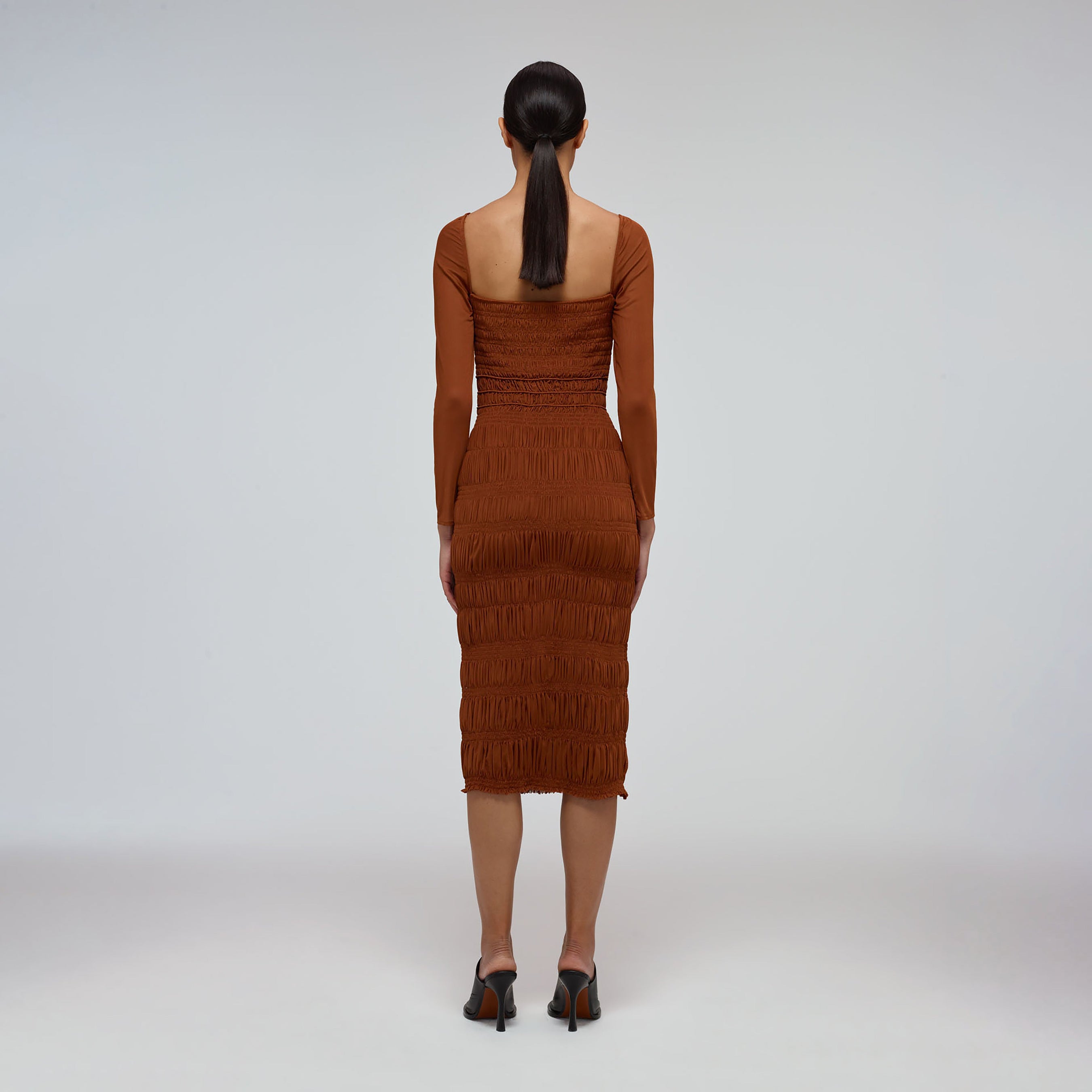 Caramel Shirred Power Mesh Midi Dress