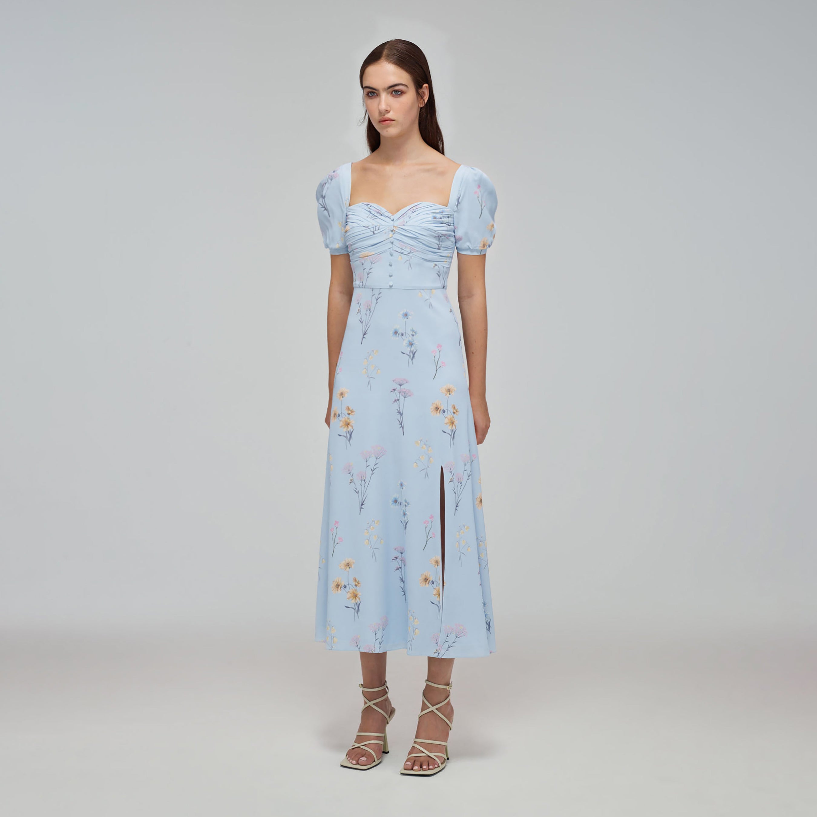 Blue Floral Watercolour Stretch Crepe Midi Dress