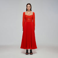 Red Stretch Crepe Cut Out Midi Dress