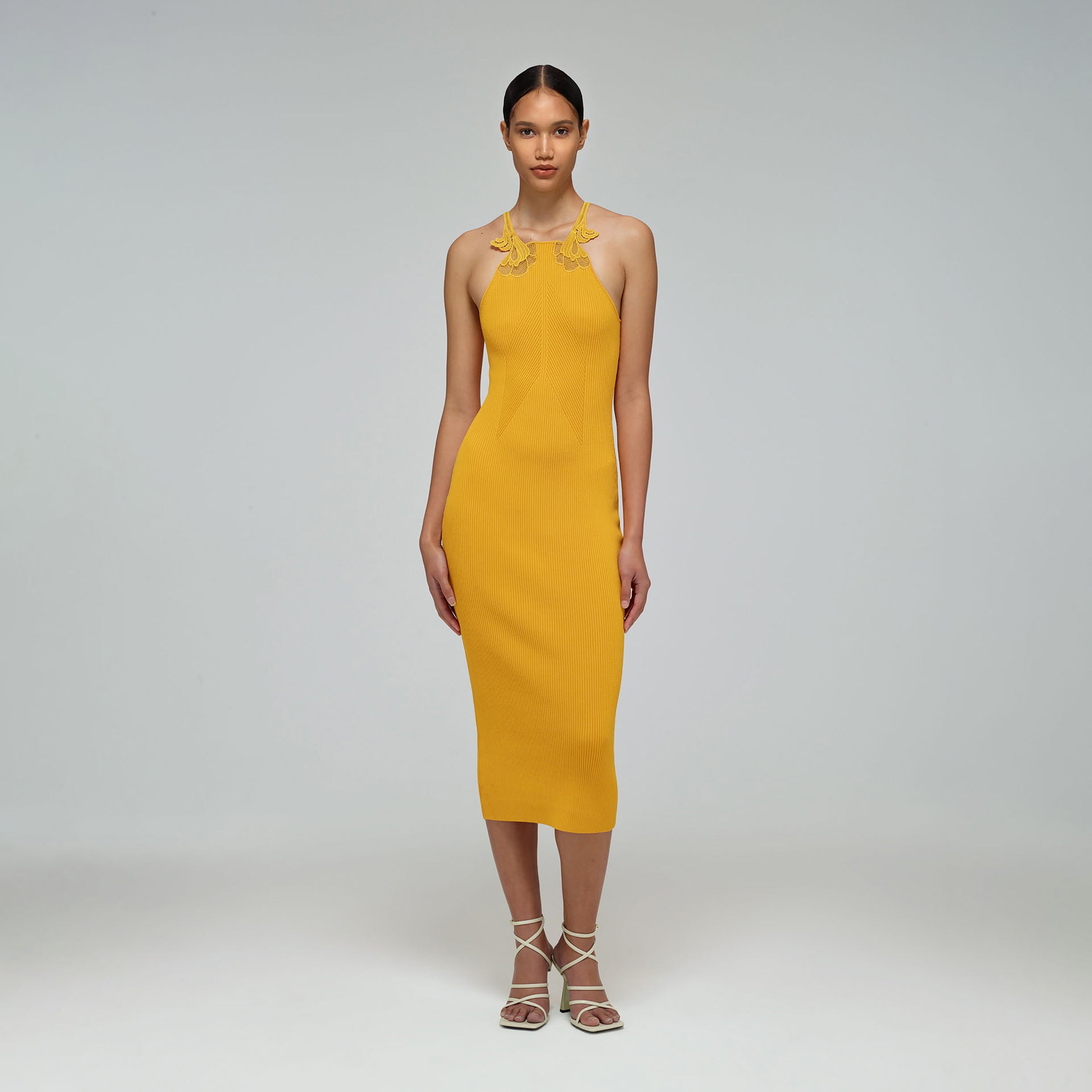 Canary Yellow Inserted Lace Knit Dress