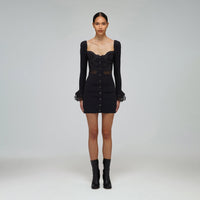 Black Inserted Floral Lace Ribbed Knit Mini Dress