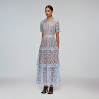 Blue Tiered Guipure Lace Midi Dress