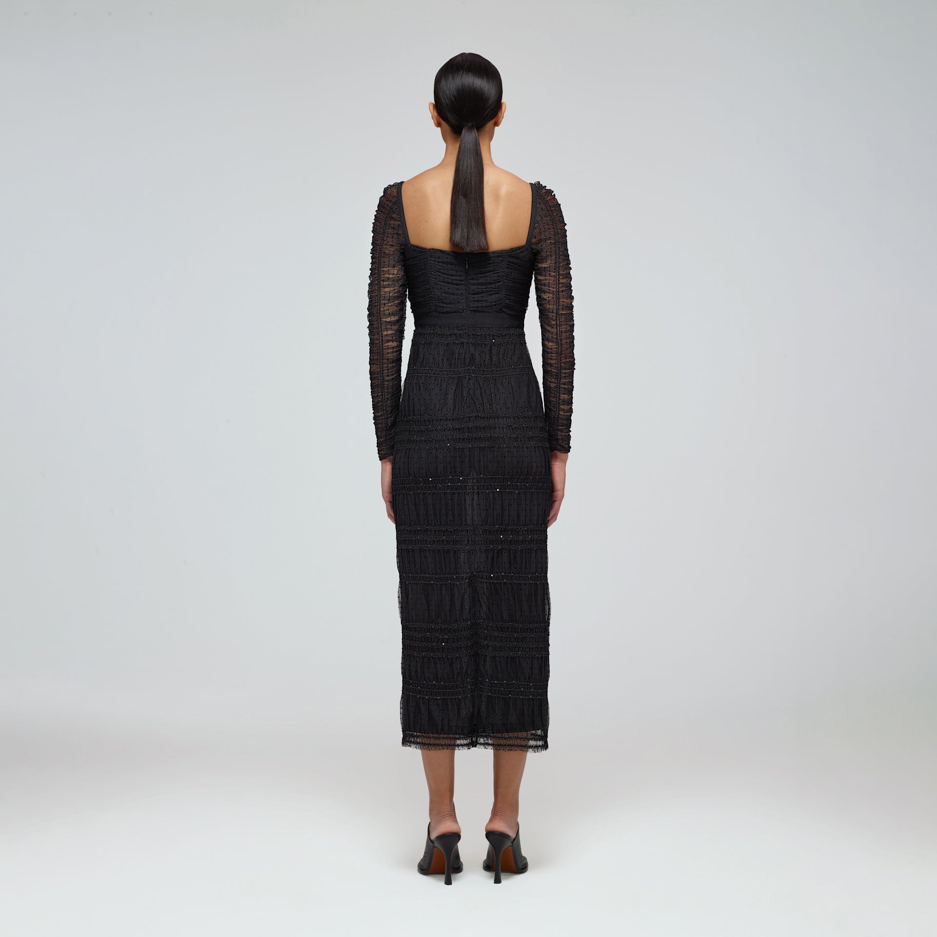 Black Dot Mesh Shirred Midi Dress