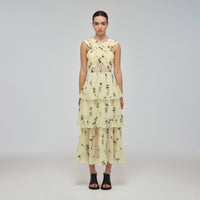 Yellow Floral Silhouette Chiffon Crossover Midi Dress