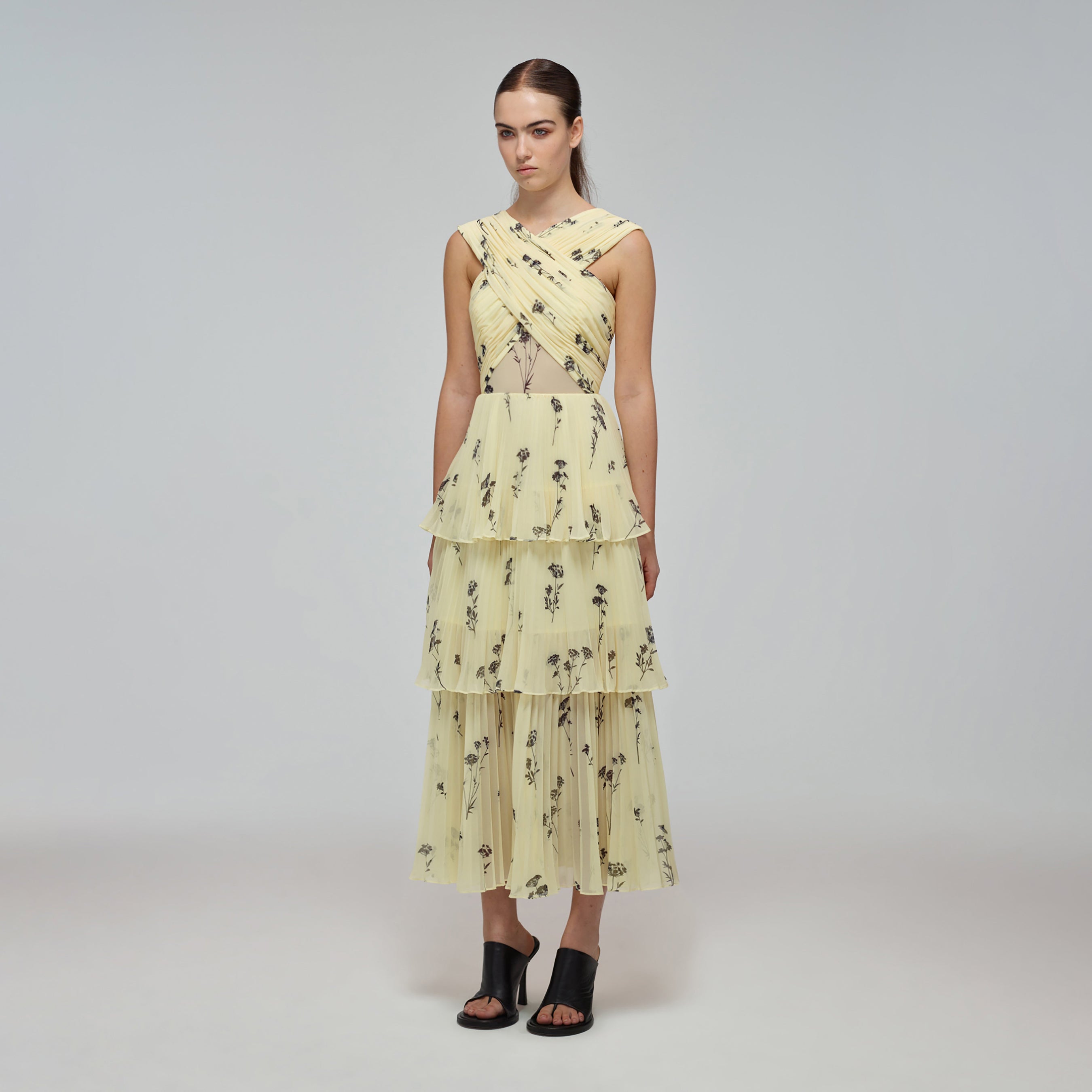 Yellow Floral Silhouette Chiffon Crossover Midi Dress