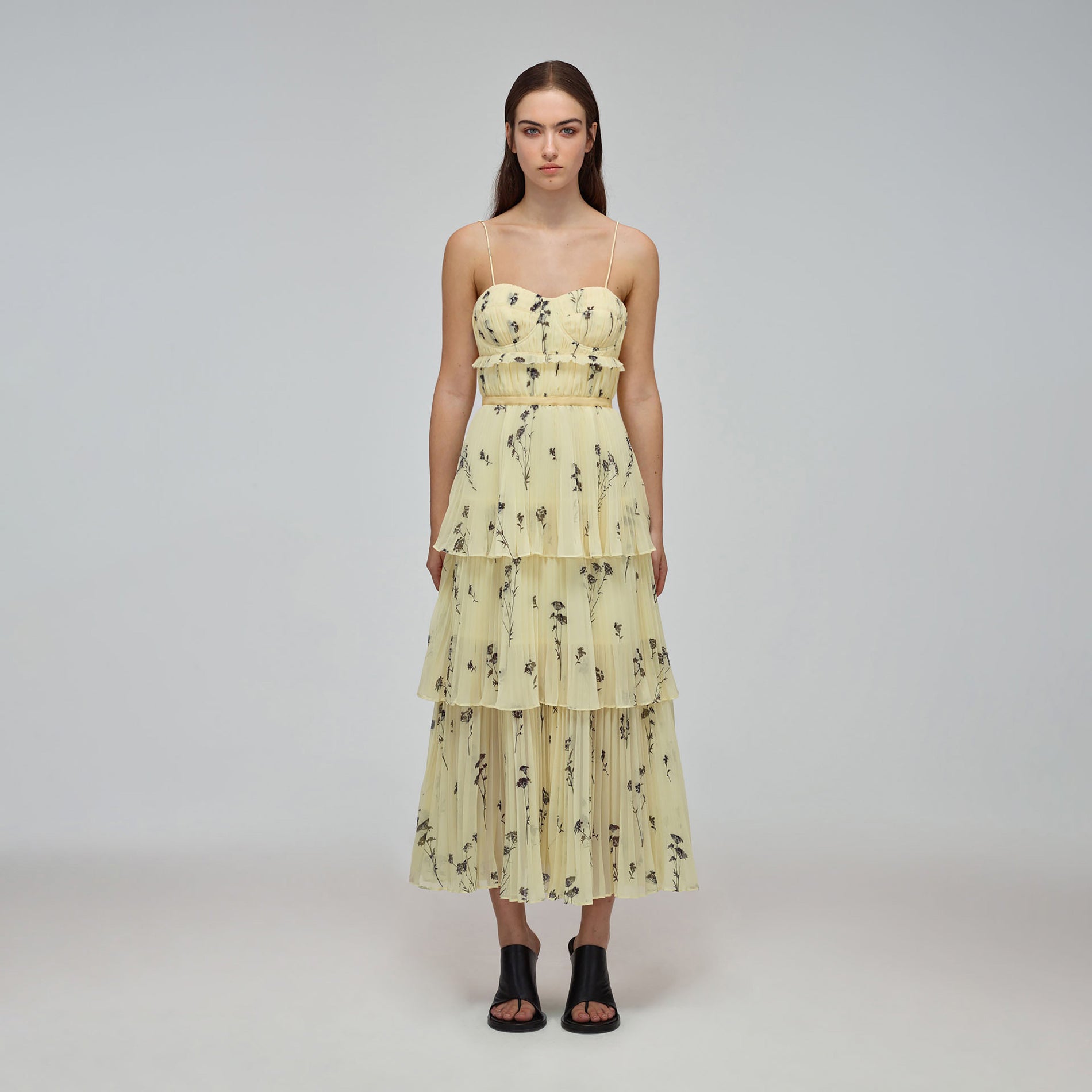 Yellow Floral Silhouette Chiffon Tiered Midi Dress